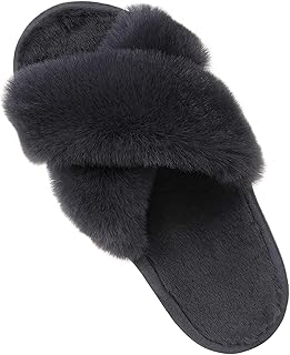Comwarm Women's Cross Band Fuzzy Slippers Fluffy Open Toe House Slippers Cozy Plush Bedroom Shoes Indoor Outdoor