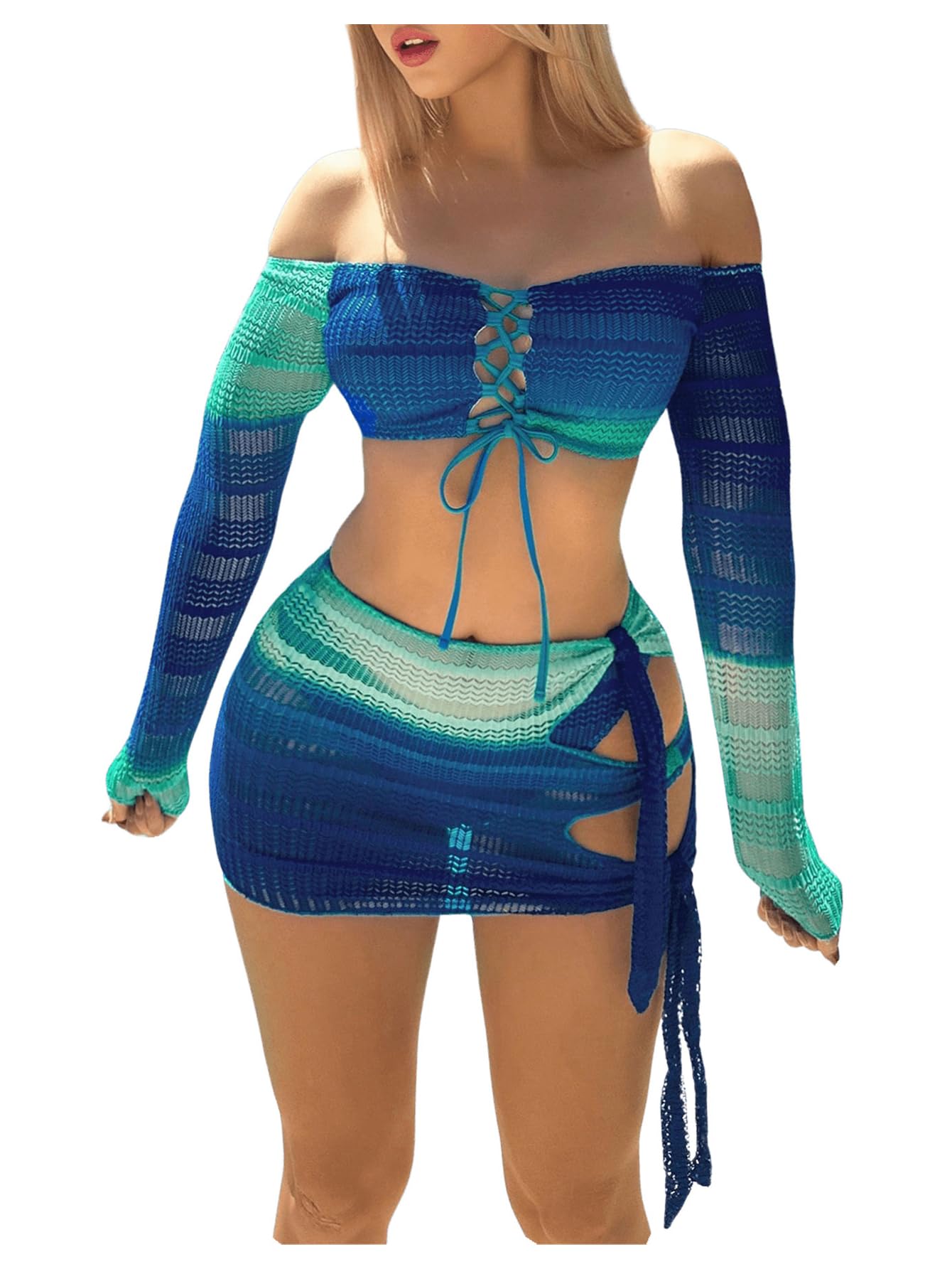 SOLY HUX Womens 3 Piece Bathing Suit Gradient Off Shoulder Long Sleeve Swimsuit Bikini Sets with Beach Skirt