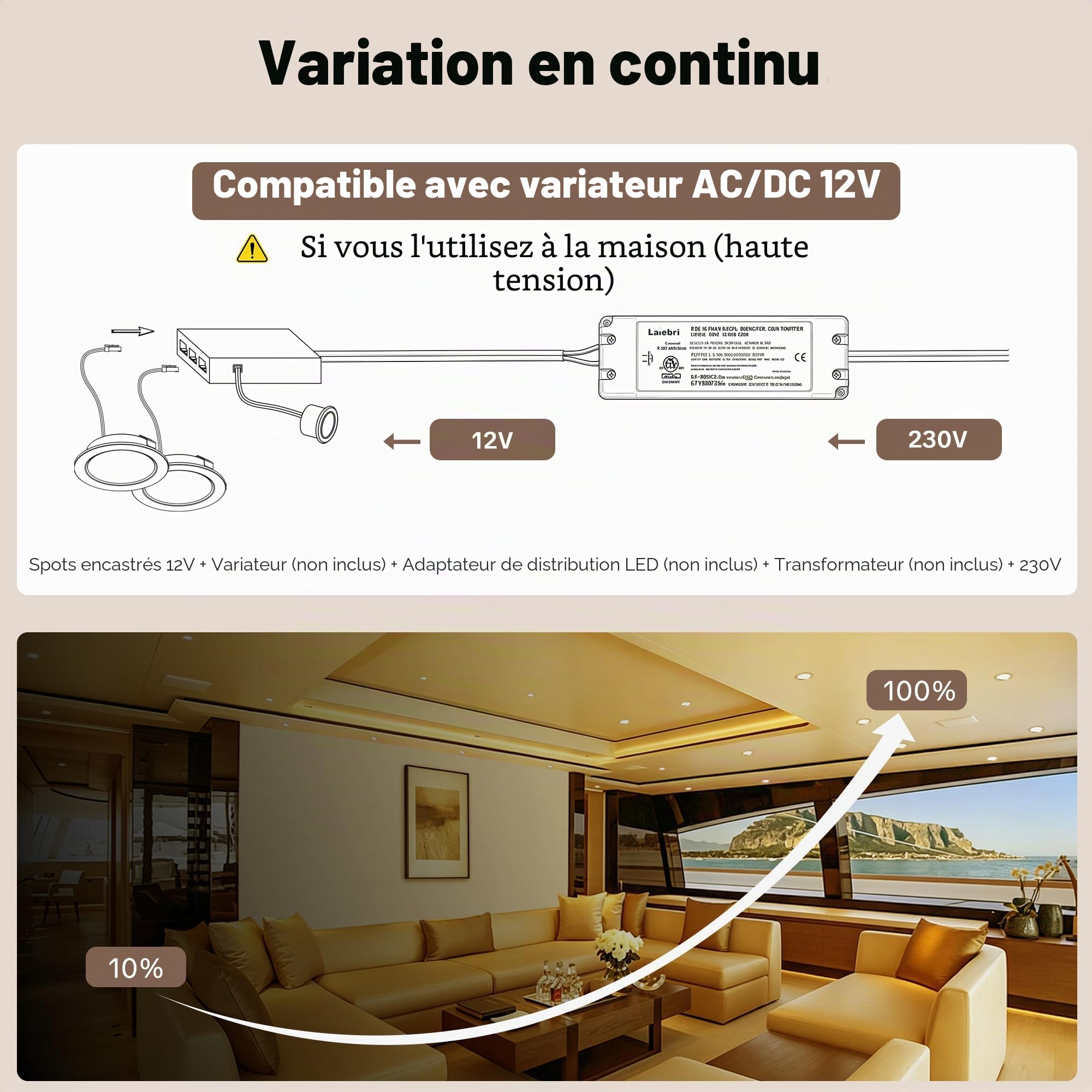 Lot de 3 Spot LED Encastrable 12V, 3000K Blanc Chaud 3.5W 330LM Alu Spots de Plafond Intensité Variable, LED Encastrable Plafond Trou 55-58mm, IP44 Plafonnier Spot pour Camper Meuble, Nickel