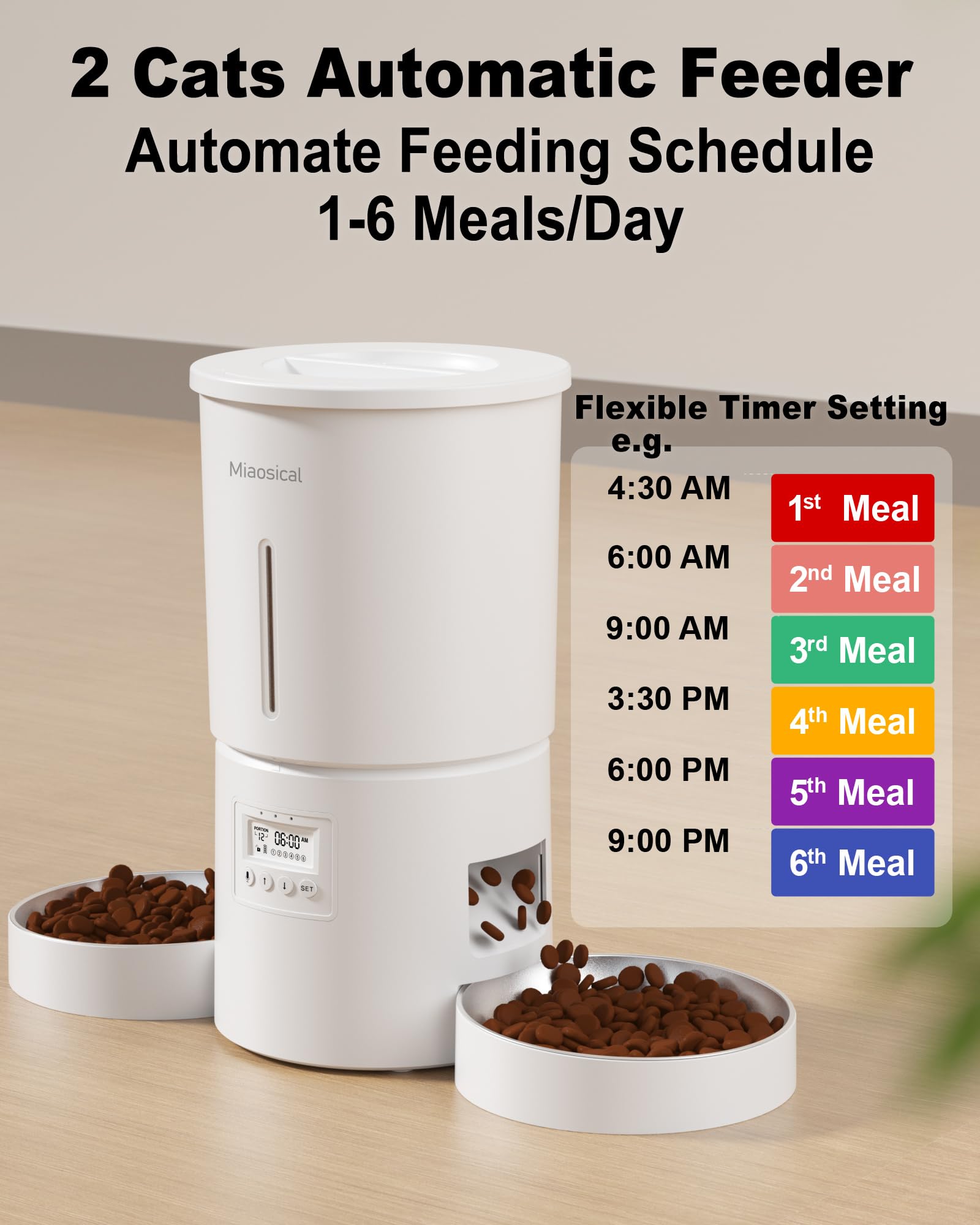 Automatic Cat Feeder for 2 Cats,6 Meals/Day,12 Portions/Meal,Dual Power Double Bowls,Dry Pet Food Autofeeder,10S Voice Record,Flexible Programmable Schedule Timer(White,Stainless Dual Bowls) - image 2