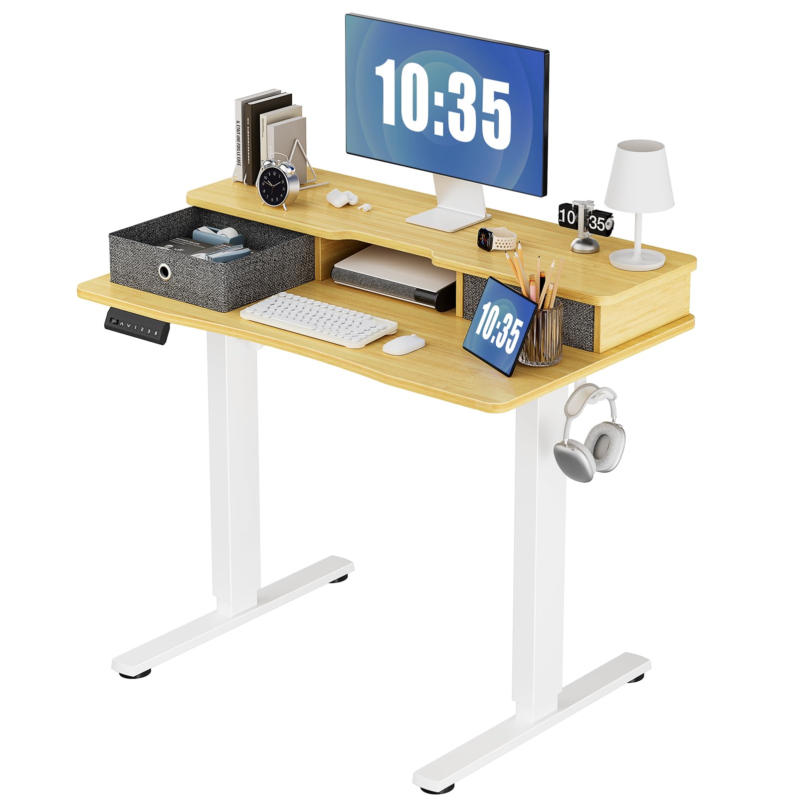 Sweetcrispy Electric Standing Desk with Double Drawer - 40 x 24 inch Adjustable Height Sit to Stand Up Desk with Storage Shelf, Rising Home Office Computer Table with Splice Board