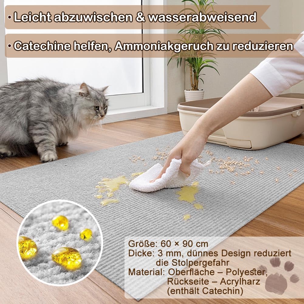 Katzenklo Hundeklo Matte für Zuhause 60x90cm rutschfeste wasserdichte Unterlage geruchsabsorbierend schützt Böden maschinenwaschbar, zuschneidbar grau