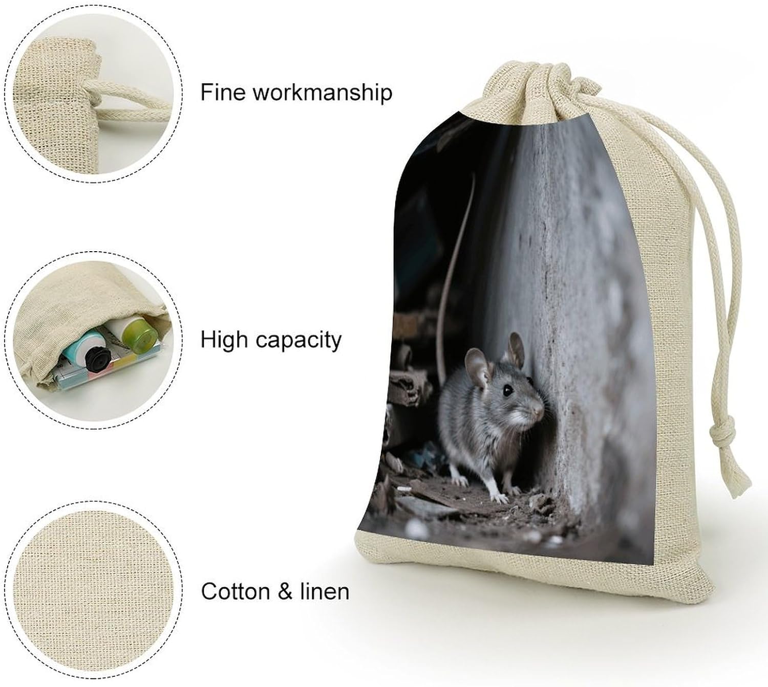 Mouse Hiding in The Corner Drawstring Bag Fashionable Cinch Bags Bunches Pocket Set of Eight Multipurpose Drawstring Storage Bags for Daily Storage Kitchen Dressing Table