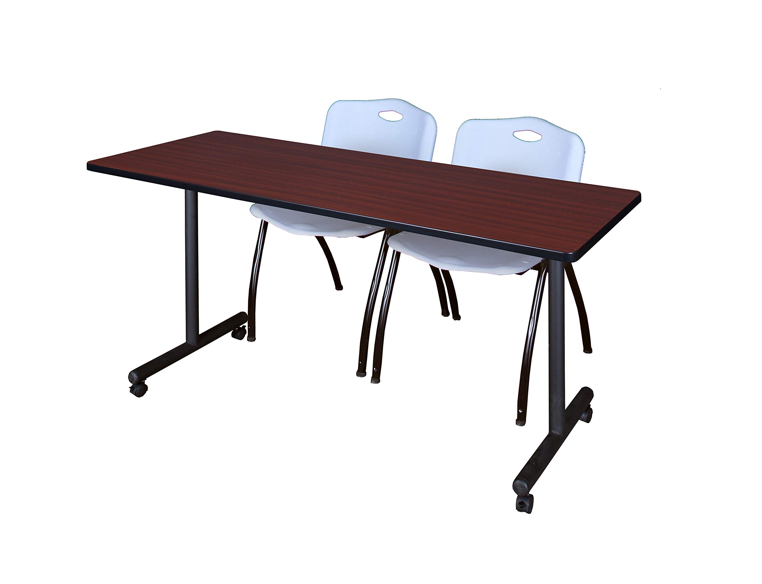 Romig Axis-Pro 66 x 24 in. Mobile T-Base Training Table- Mahogany, 2 M Stack Chairs- Grey