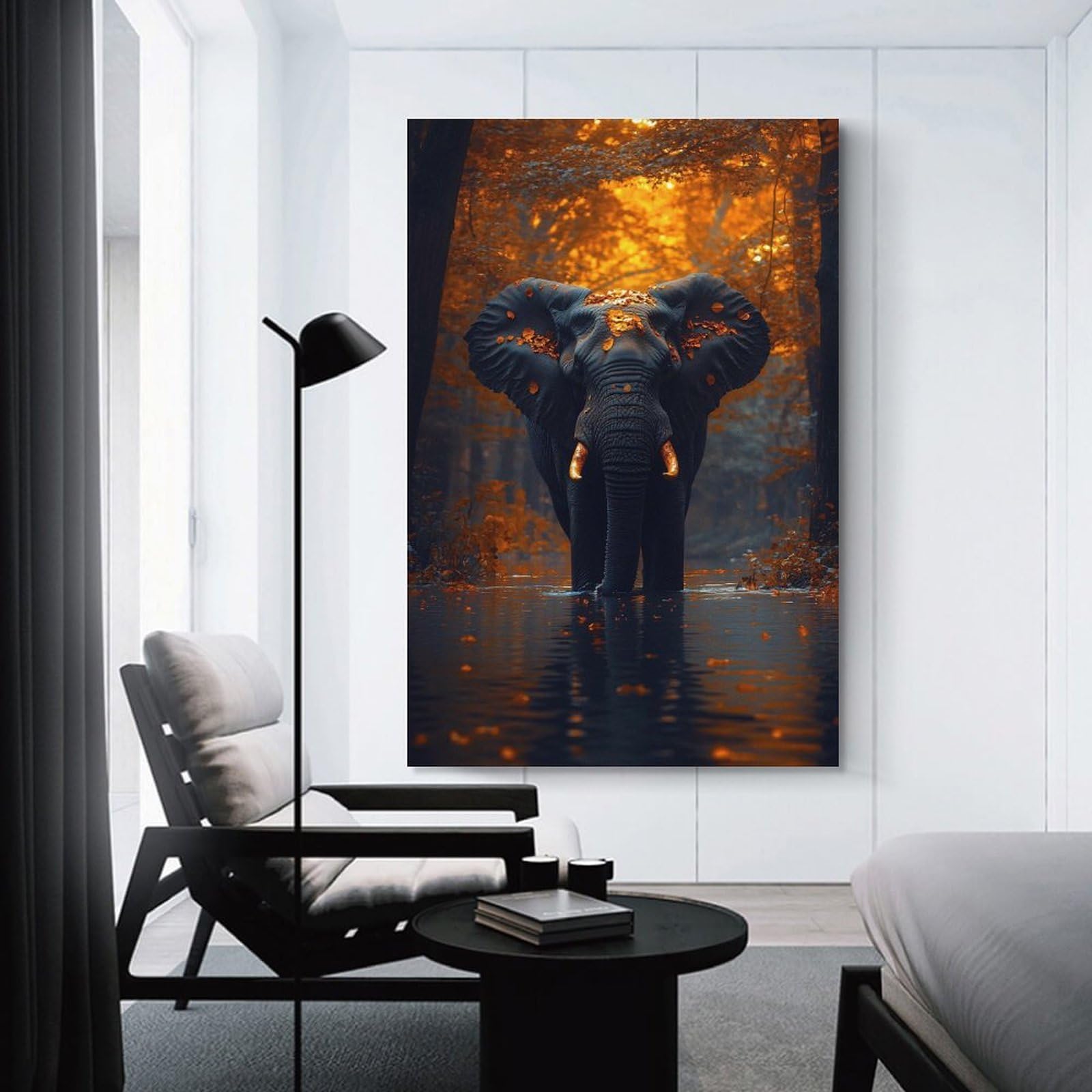 Junmoney Elephant in Autumn Forest Lake Canvas Art Print 16x24inch(40x60cm), for Bedroom Decor, Cosy Corners Or Studios, An Easy Wall Refresh for Bedrooms