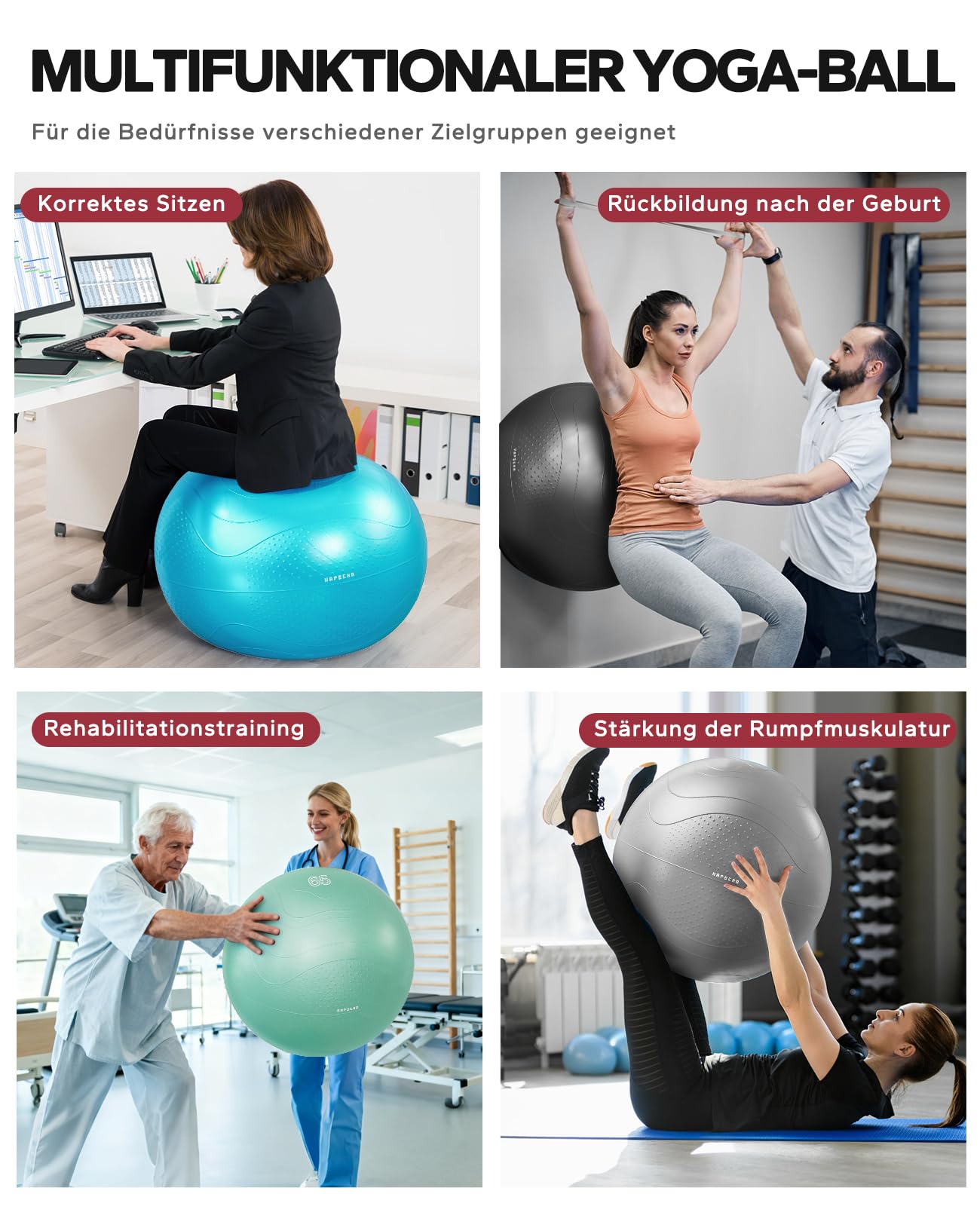 HAPBEAR Gymnastikball & Sitzball (55/65/75 cm) – Anti-Burst, rutschfest Mit Massage-Noppen, Extra Dickes PVC, Bis 200 Kg – Komplettset Mit Fußpumpe & 3 Widerstandsbändern für Fitness, Büro & Yoga