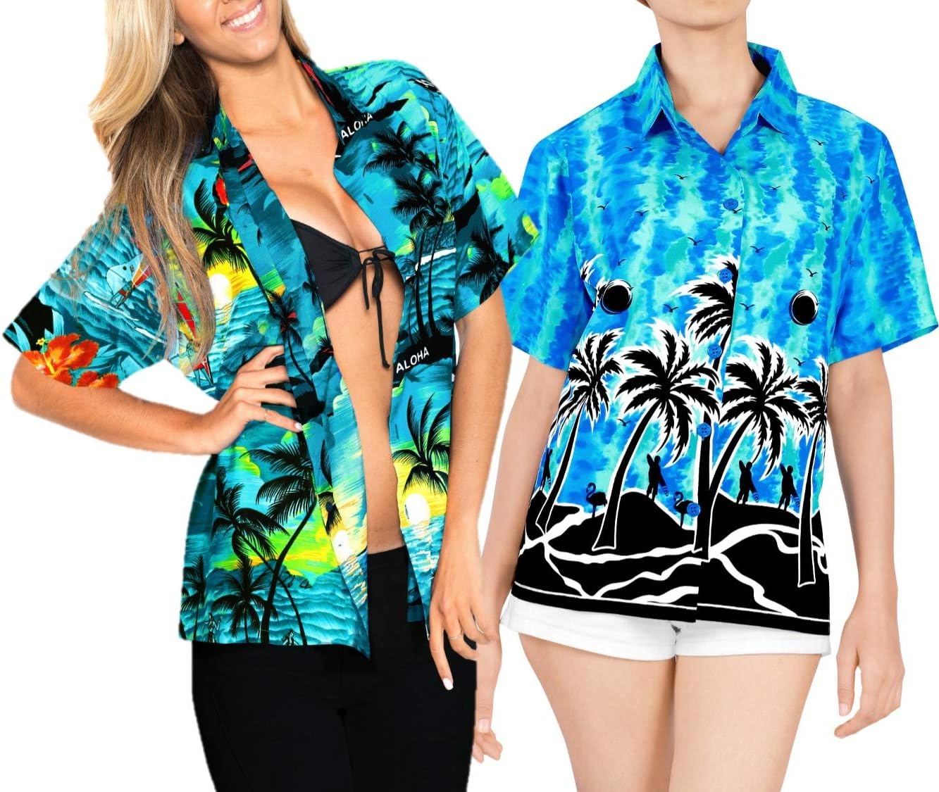 LA LEELA Women's Beach Button Down Short Sleeve Hawaiian Blouse Shirt