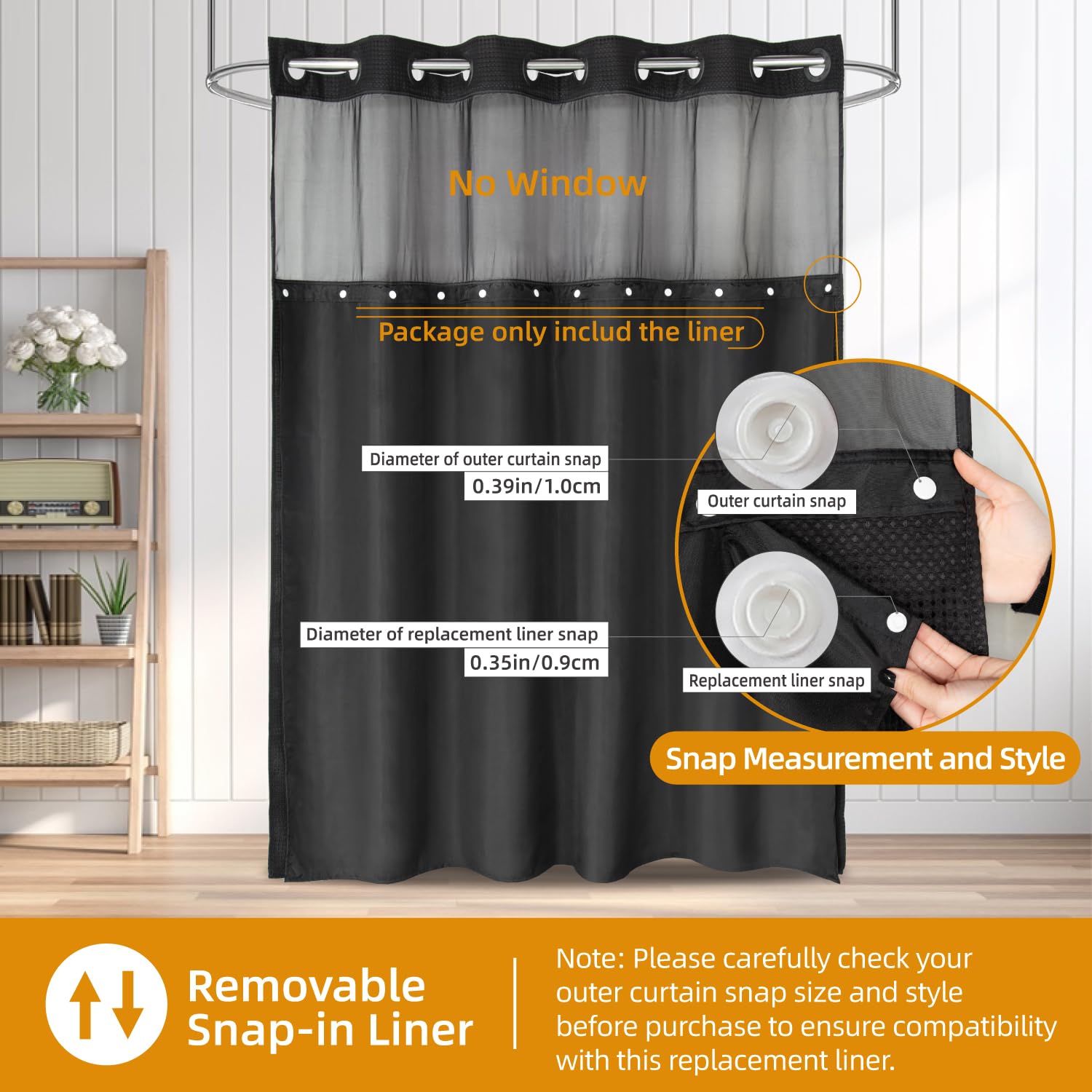 eachope 1 Pack Fabric Snap-in Shower Curtain Liner Replacement,Compatible with No Hook Shower Curtain with Snap in Liner, Removable & Water-Repellent,Machine Washable,70x54,Black