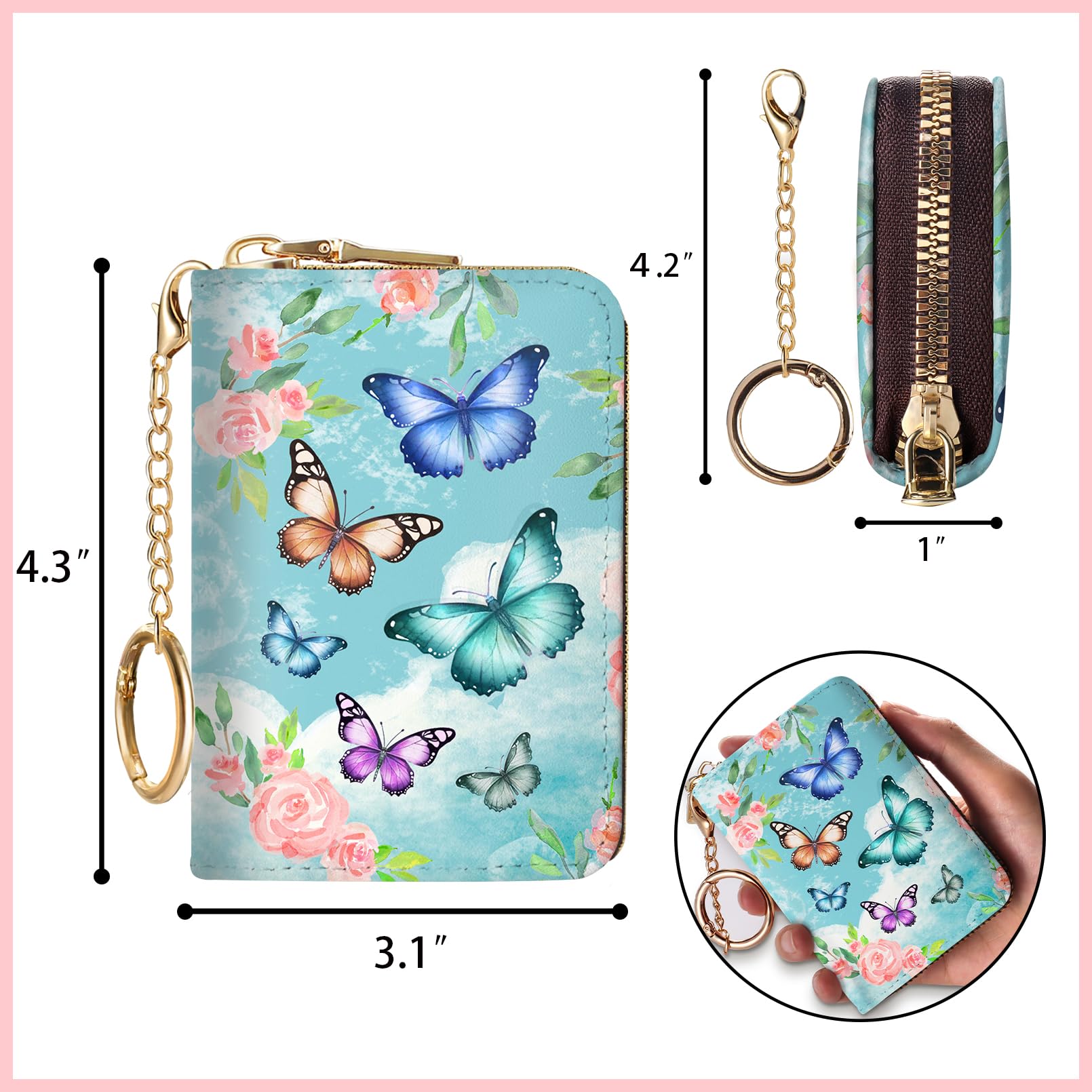 Blusabaca Credit Card Holder for Women, Gothic Floral Small RFID Wallet with Zipper, Card Keychain Wallet, Leather Wallet Card Case, Business Accordion Wallet Gift: Butterfly