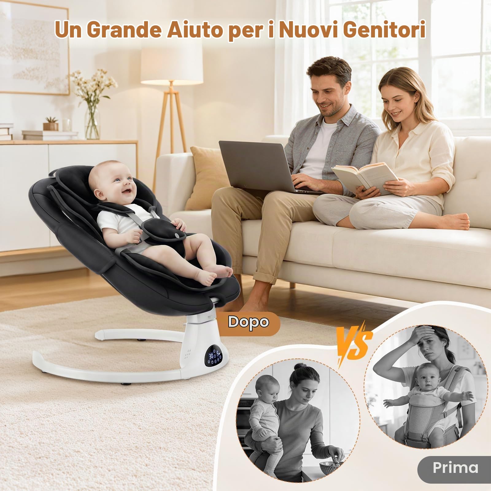 Sdraietta Neonati Elettrica, Dondolo Automatico con Schienale 3 Posizioni | 5 velocità, 12 melodie rilassanti, timer 8/15/30 min, telecomando, cuscino rimovibile, 3 alimentazioni