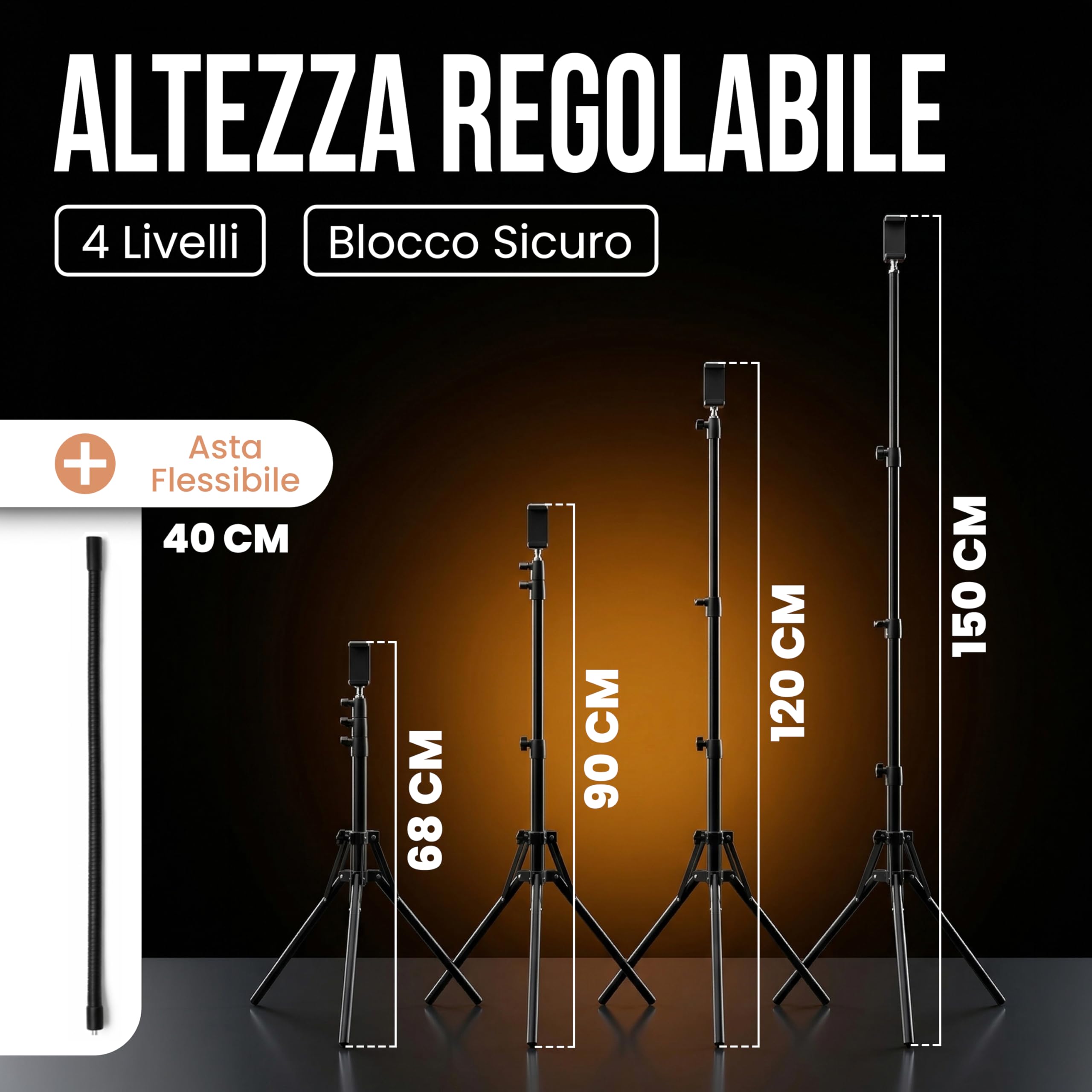 Treppiede Smartphone Stabile Regolabile Fino a 190 cm con Telecomando Bluetooth, Base Larga e con Testa 360°