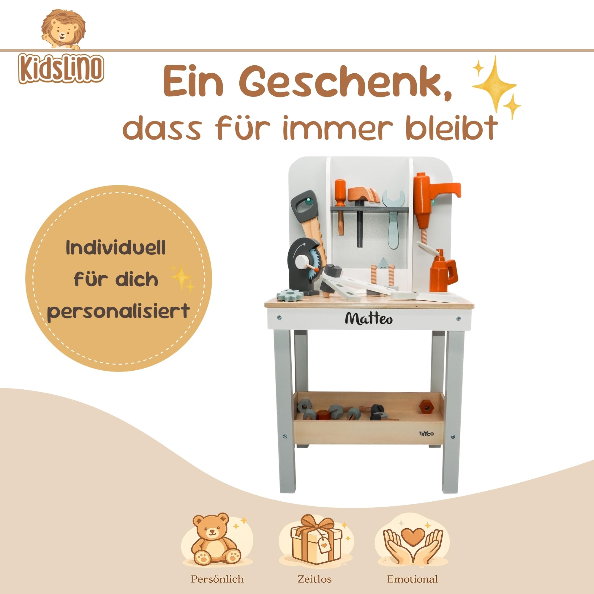 Kinderwerkbank aus Holz personalisiert – Werkbank mit Werkzeug-Set & Zubehör – Spielzeug ab 3 Jahre – Geschenk für Kinder