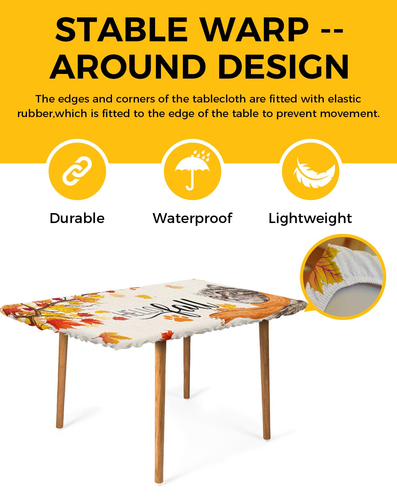 LEOKOTI Hello Fall Fitted Table Covers for 3 Foot Tables, Thanksgiving Cat Red Orange Maple Leaf Rustic Elastic Table Cover Rectangle 24