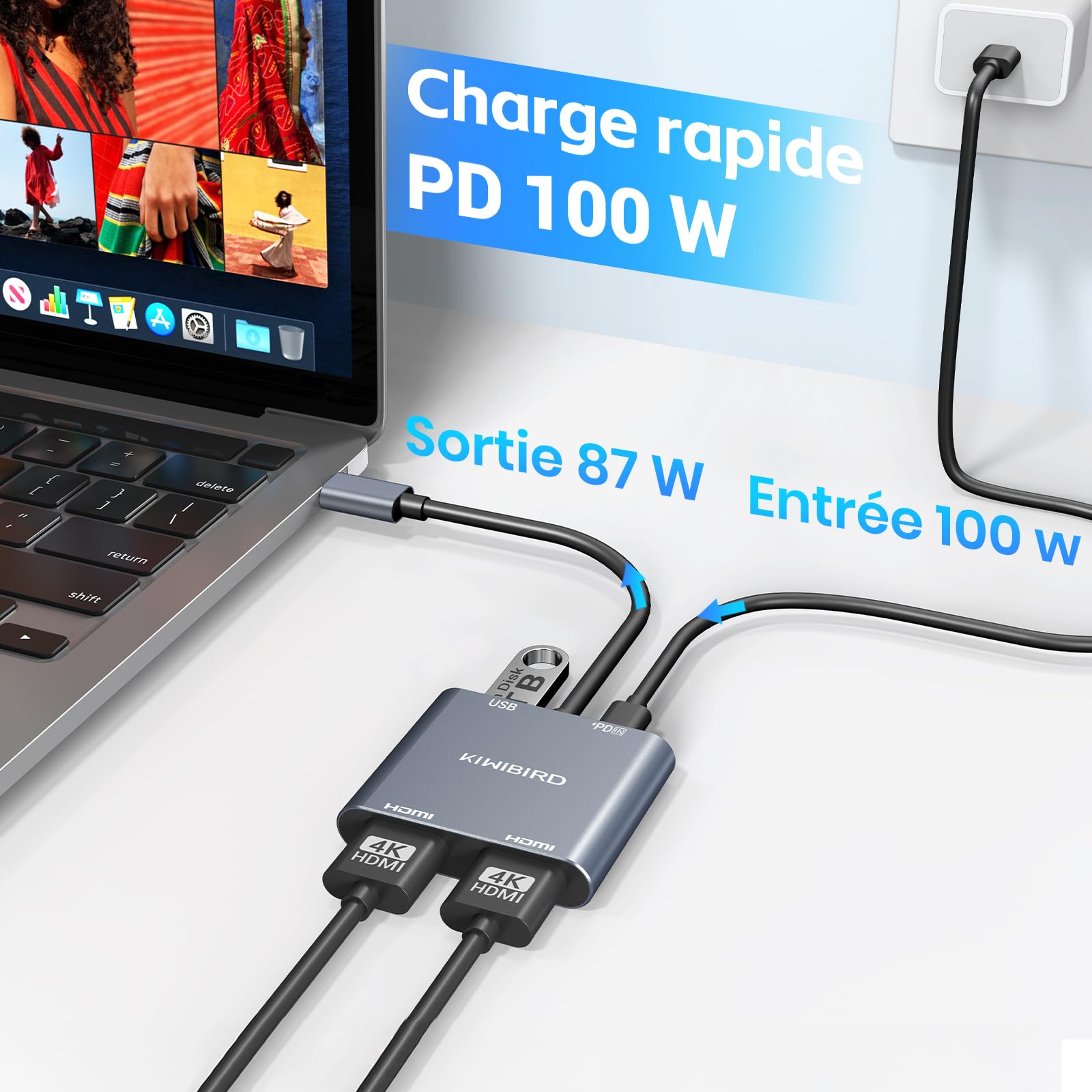 KiWiBiRD Double adaptateur HDMI pour 2 moniteurs HDMI Splittter écran étendu USB C vers double HDMI adaptateur pour 2 moniteurs 4K PD 100 W 2160p 1440p 1080p HDCP compatible avec ordinateur portable