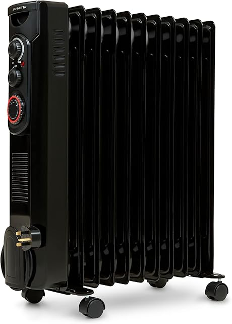 NETTA Oil Filled Radiator 2500W Portable Electric Heater with Thermostat & 24 Hour Timer 2 Power Settings Home Office Energy Efficiency  11 Fin, Black
