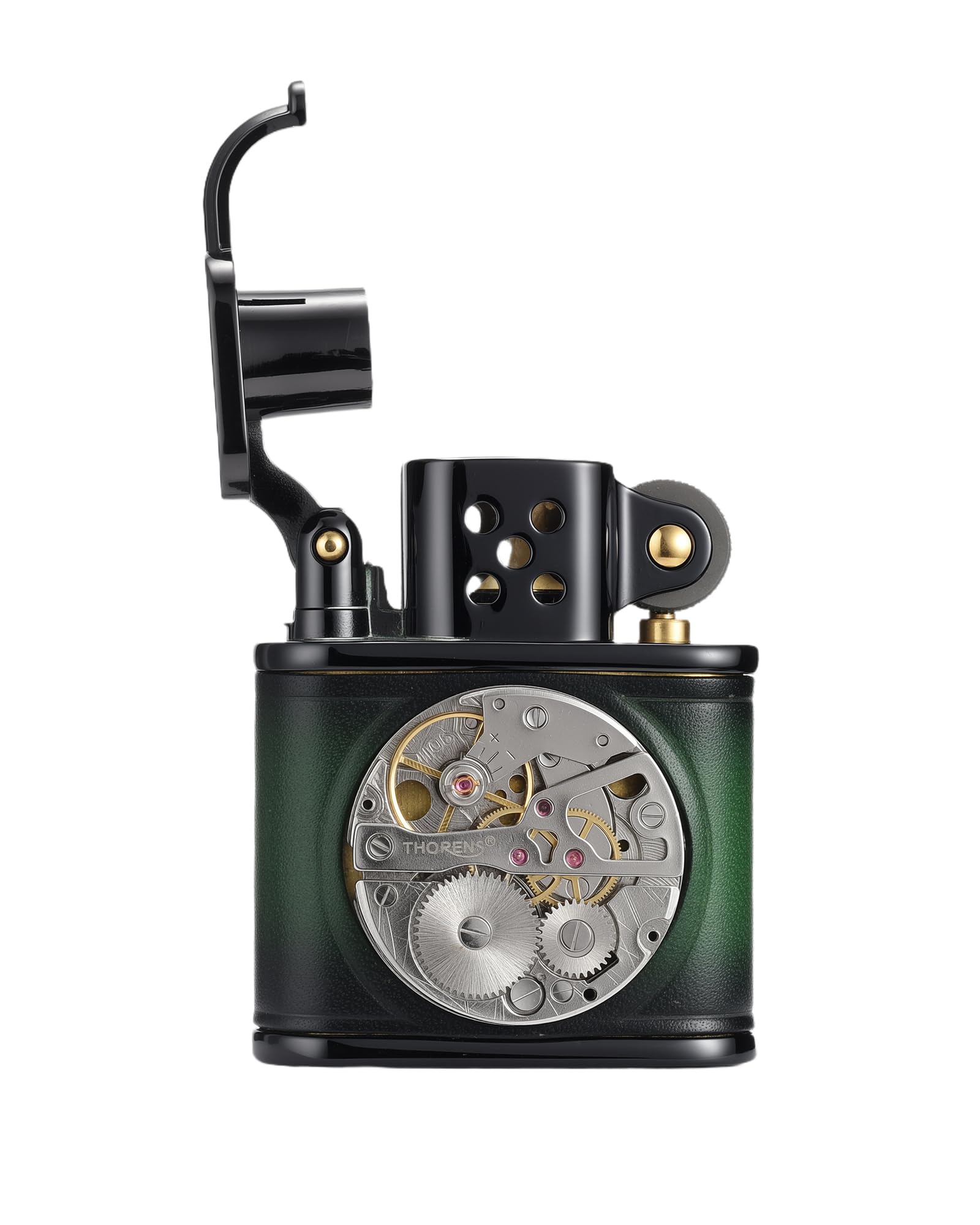 Briquet à kérosène en Laiton Suisse Fait Main avec Mouvement mécanique incrusté et Cuir de Vache – Coupe-Vent – Vintage – pour extérieur – Classique – Cadeau pour Homme – Thorens Vert et Noir