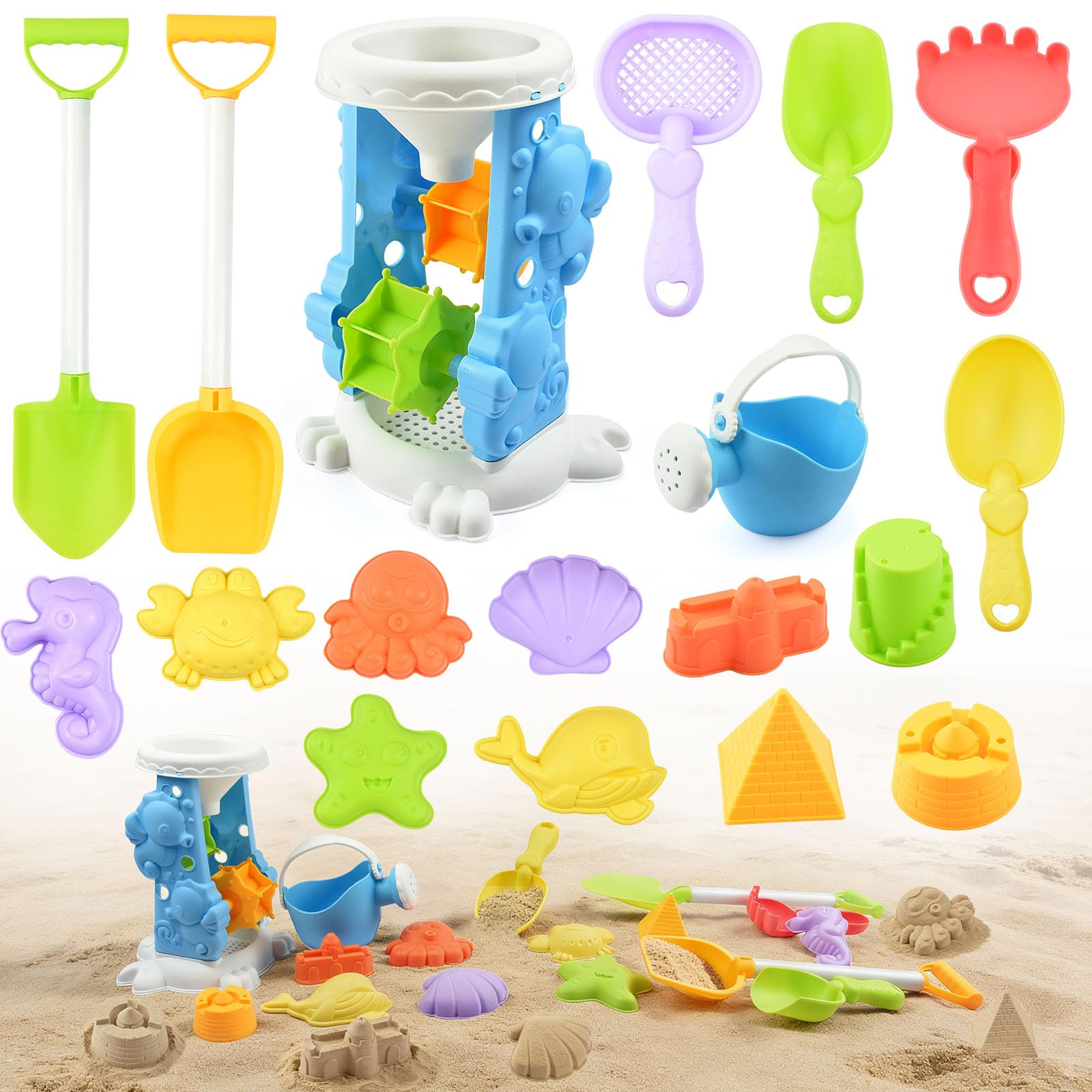 Nyrvelle Beach Toys Set for Kids, 18Pcs Sand Pit Toys with Sand-Flow Funnel, Shovels, Spade, Sifter, Scoop, Rake, Sand Moulds and Watering Can, Outdoor Play Gift for Boys Girls