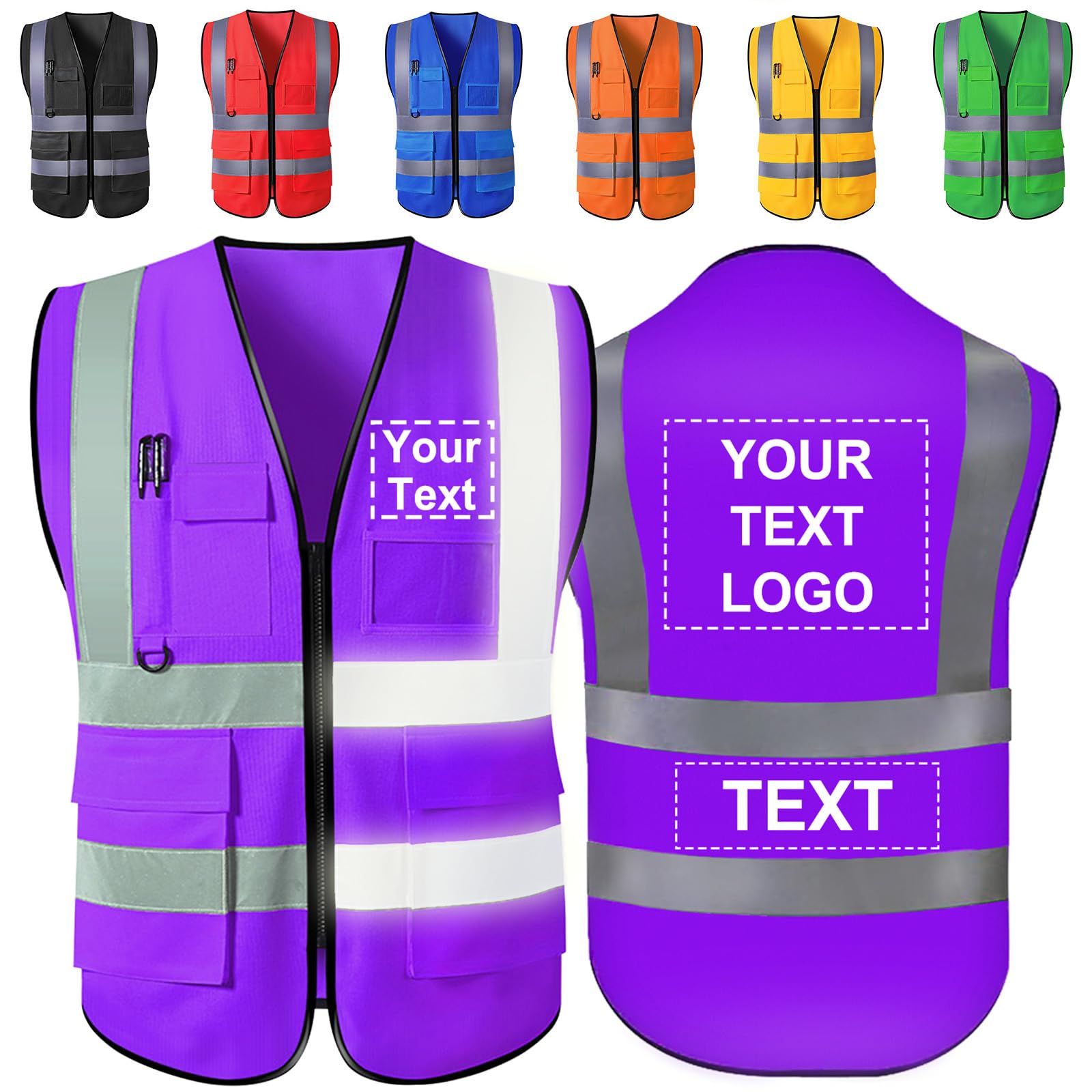 Personalized Safety Vest Custom Logo/Text/Name High Visibility Vests with Pockets and Zipper Bulk for Women Men Work