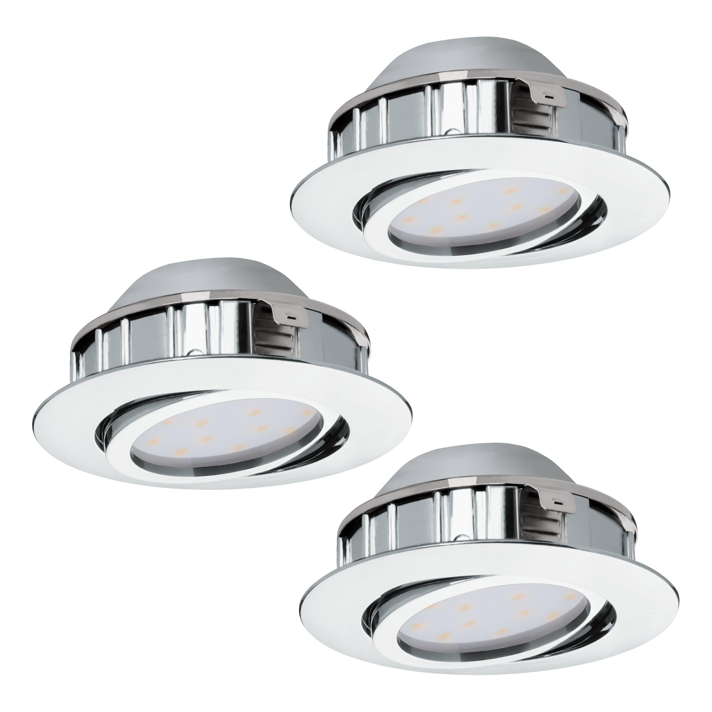 EGLO 3er Set LED Einbaustrahler Pineda, Spots aus Kunststoff, 3 Einbauleuchten in Chromfarben, Einbauspots flach und schwenkbar, warmweiß, Ø 8,4 cm
