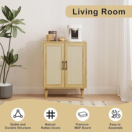 Miniatura 10 de Kopuity Armario de almacenamiento con ribete de ratán, aparador de 4 puertas con almacenamiento, armario decorativo con estantes para baño,