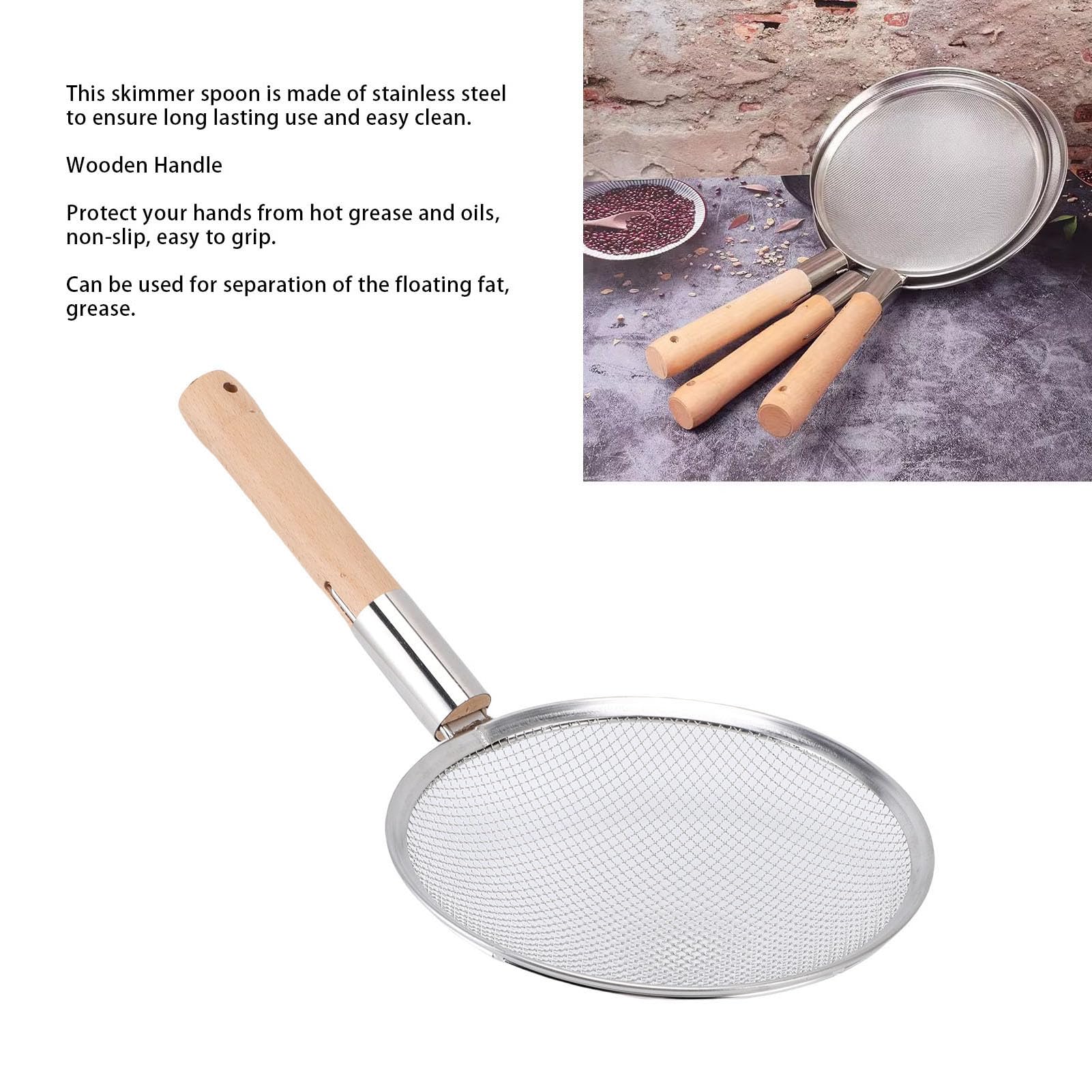 Fockety Cucchiaio schiumarola, colino a maglia fine in acciaio inossidabile 201, cucchiaio schiumarola per pentola calda da 10 pollici resistente al calore con manico in legno (28CM)