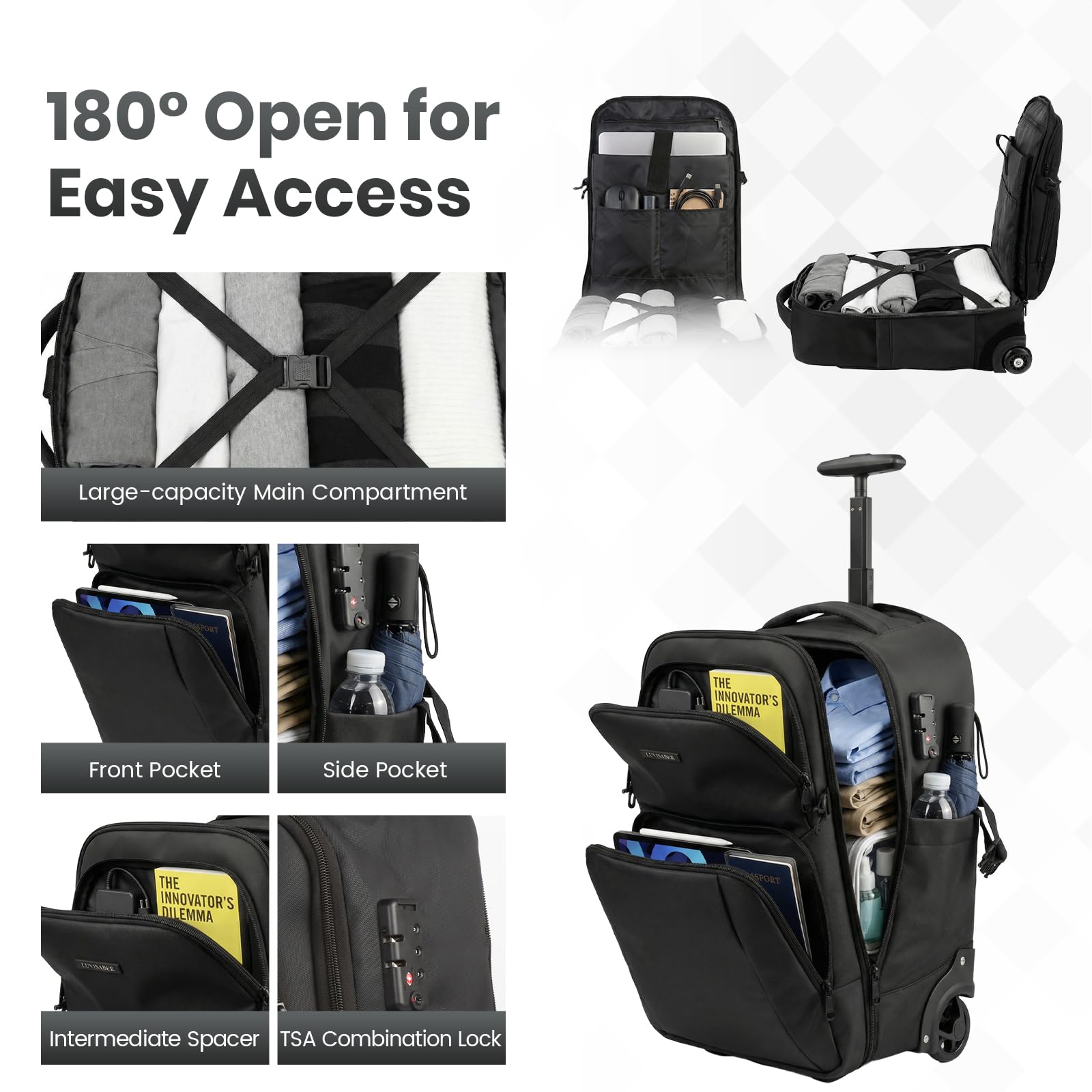 Hivexagon Mochila de Viaje de 37 L con Ruedas, Gran Capacidad, con Cerradura de contraseña, Ruedas silenciosas y duraderas, Correas Ocultas para Viajes o Negocios