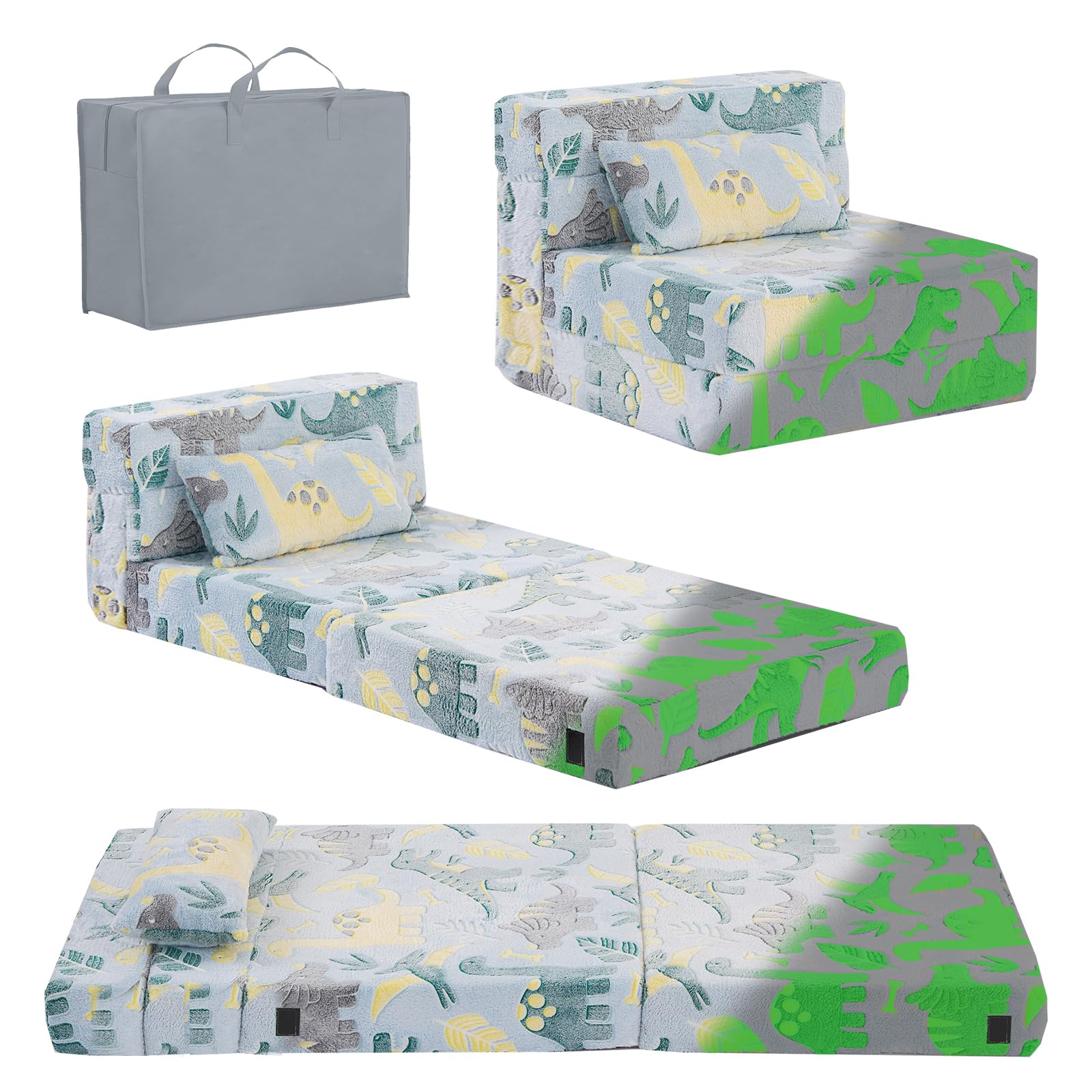 Tiita Kids Folding Sofa Bed Floor Mattress, Trifold Futon Mattress, Toddler Fold Out Couch, Foldable Floor Nap Mat With Storage Bag, Green Dinosaur
