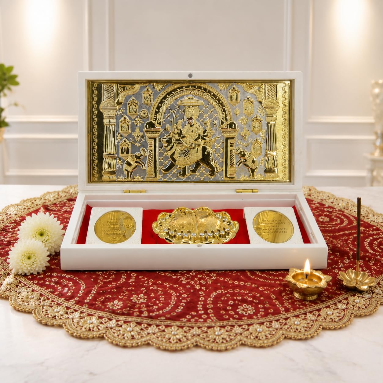 divine ambe maa spiritual yantra box - gold plated idol with sacred charan paduka & auspicious mantra cards, premium ivory pooja gift box for home mandir, office desk & wedding gifts