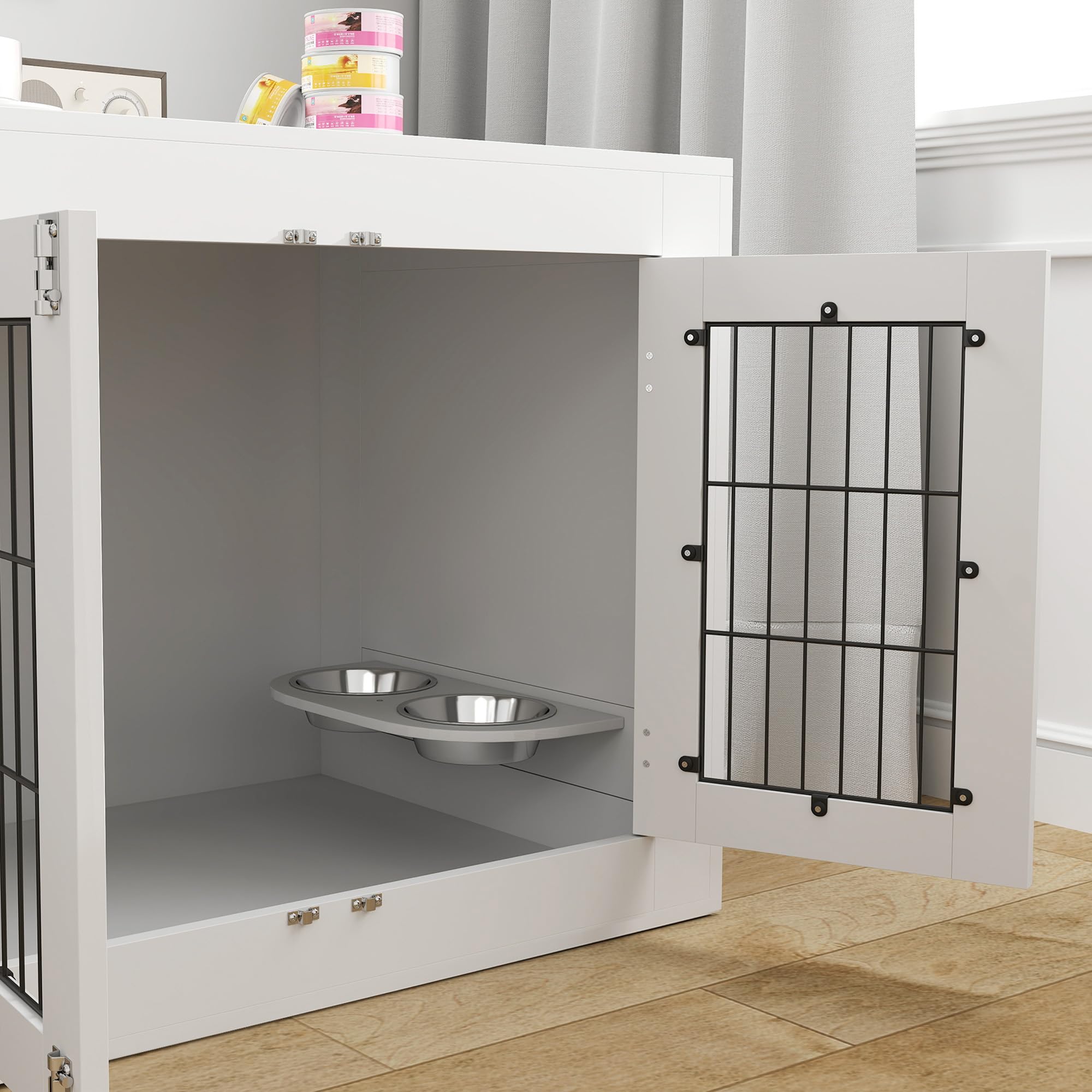 PawHut - Jaula para perro interior, caja para perro de madera, 2 cuencos giratorios 360°, 2 puertas, mesa auxiliar, tamaño mediano hasta 20 kg, 80 x 60 x 63 cm, color blanco