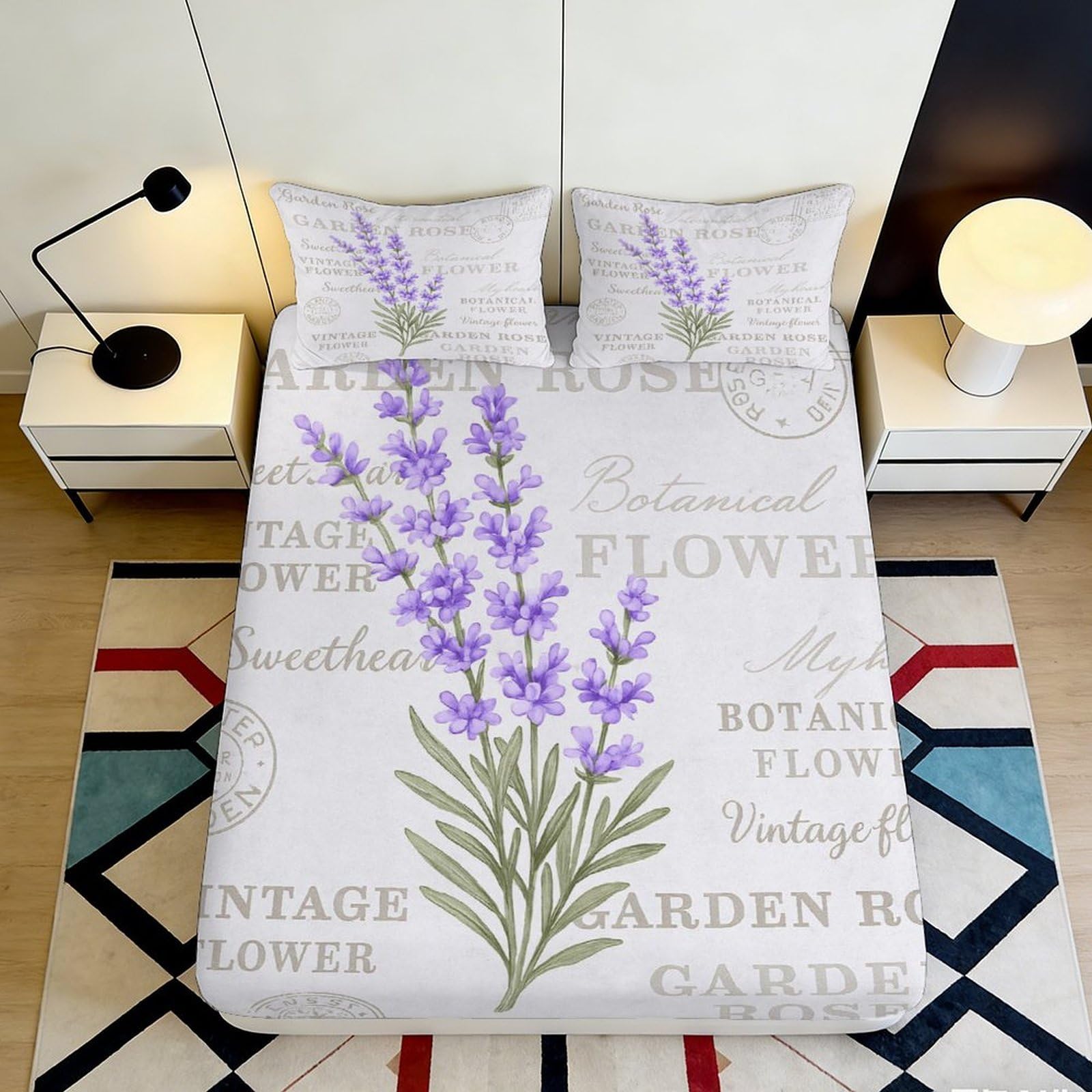 3D Printed Lavender Botanical Fitted Sheet Microfiber Soft Breathable Vintage Text Mattress Cover for Bedroom Guest Room Easy Care 90x200x25cm