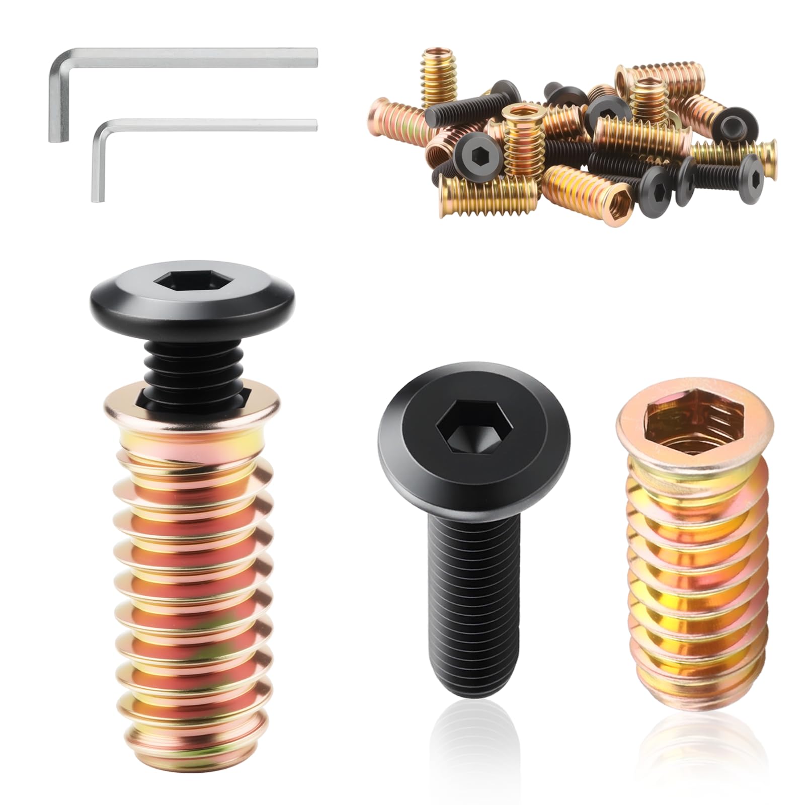 25 viti a testa piatta M4 x 15 mm, dado a vite M4, inserto filettato in legno, con viti a esagono incassato in acciaio C e 2 chiavi a testa piatta per mobili in legno