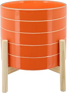 Striped Decorative Planter Pot with Wood Stand – Vibrant Ceramic Stoneware Outdoor and Indoor Plant Pot – Modern Garden and Home Decor Planters – 10" x 11", Orange