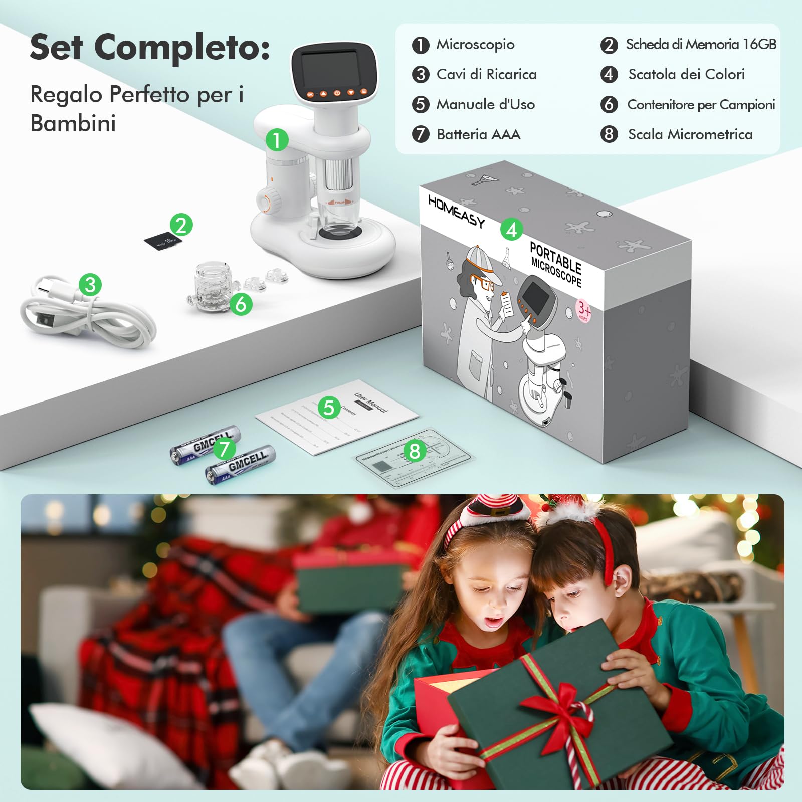 HOMEASY Microscopio Digitale per Bambini con HD Display 50X-1000X Ottica Regolabile e Doppia Luce LED Accessori Inclusi per Osservazione di Insetti Piante e Campioni 16GB SD Card Portable Educativo