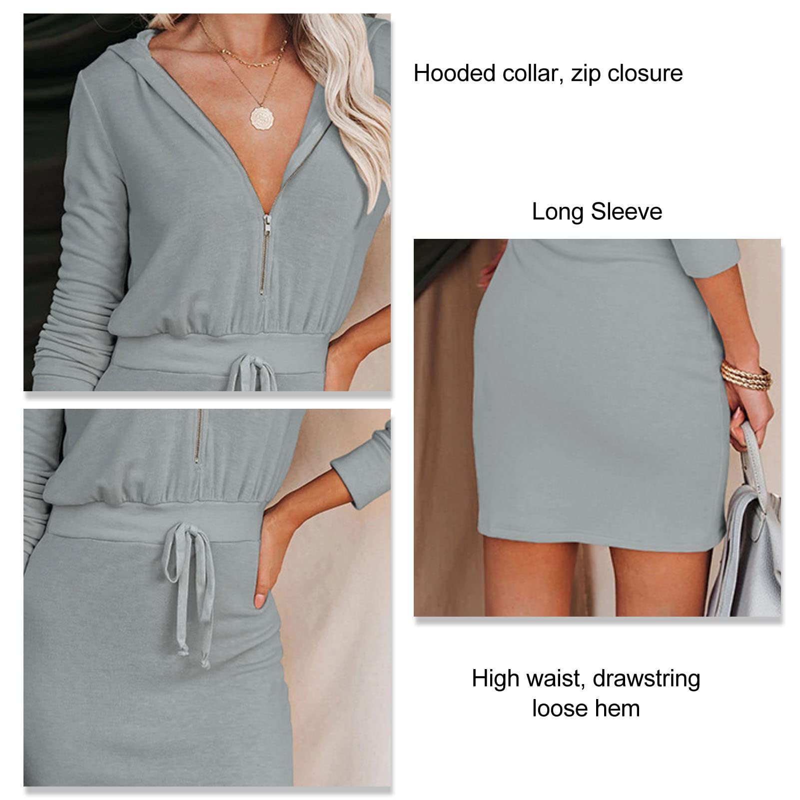 Robe Pull à Capuche Femme Manches Longues Sweat Décontracté Col en V Fermeture éclair Taille Cordon pour Dames Filles Gris