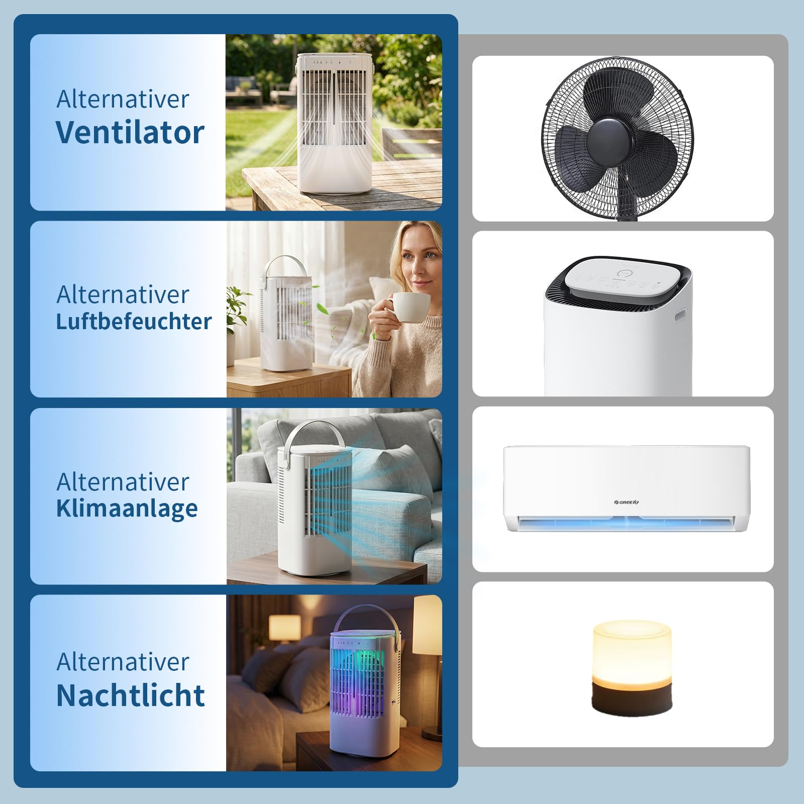 Mobile Klimaanlage, 120° Oszillation klimaanlage mobil, USB 4 in 1 klimaanlage ohne abluftschlauch mit 2/4 H Timer, 3 Geschwindigkeiten & 3 Nebelmodi, 7 Farben Mini Klimaanlage für Hause, Büro