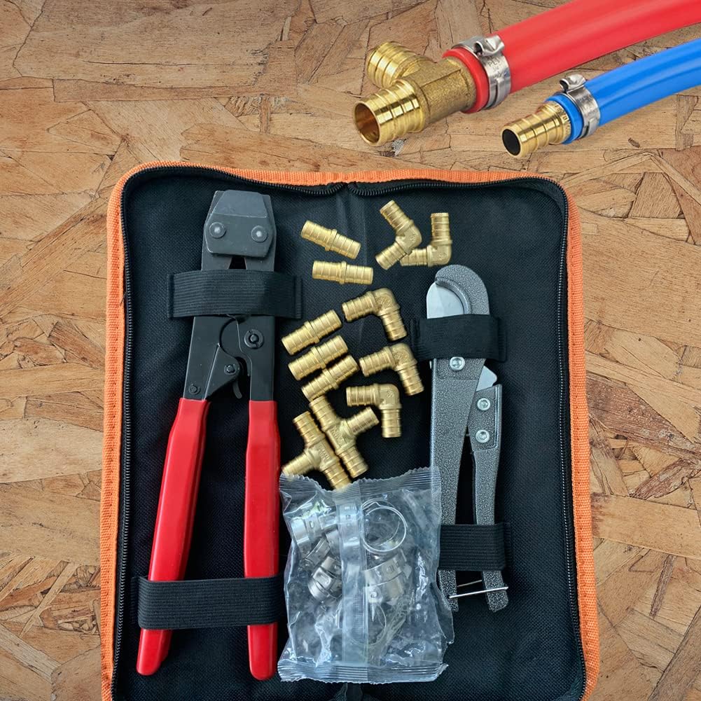 TT Flex Brass PEX Fittings All in One Kit with 12 Pcs 1/2" Tee Elbow Coupling Pipe Fittings，Pex Cinch Clamp Fastening Tool,Pipe Cutter and 20 Pcs 1/2" PEX Clamps