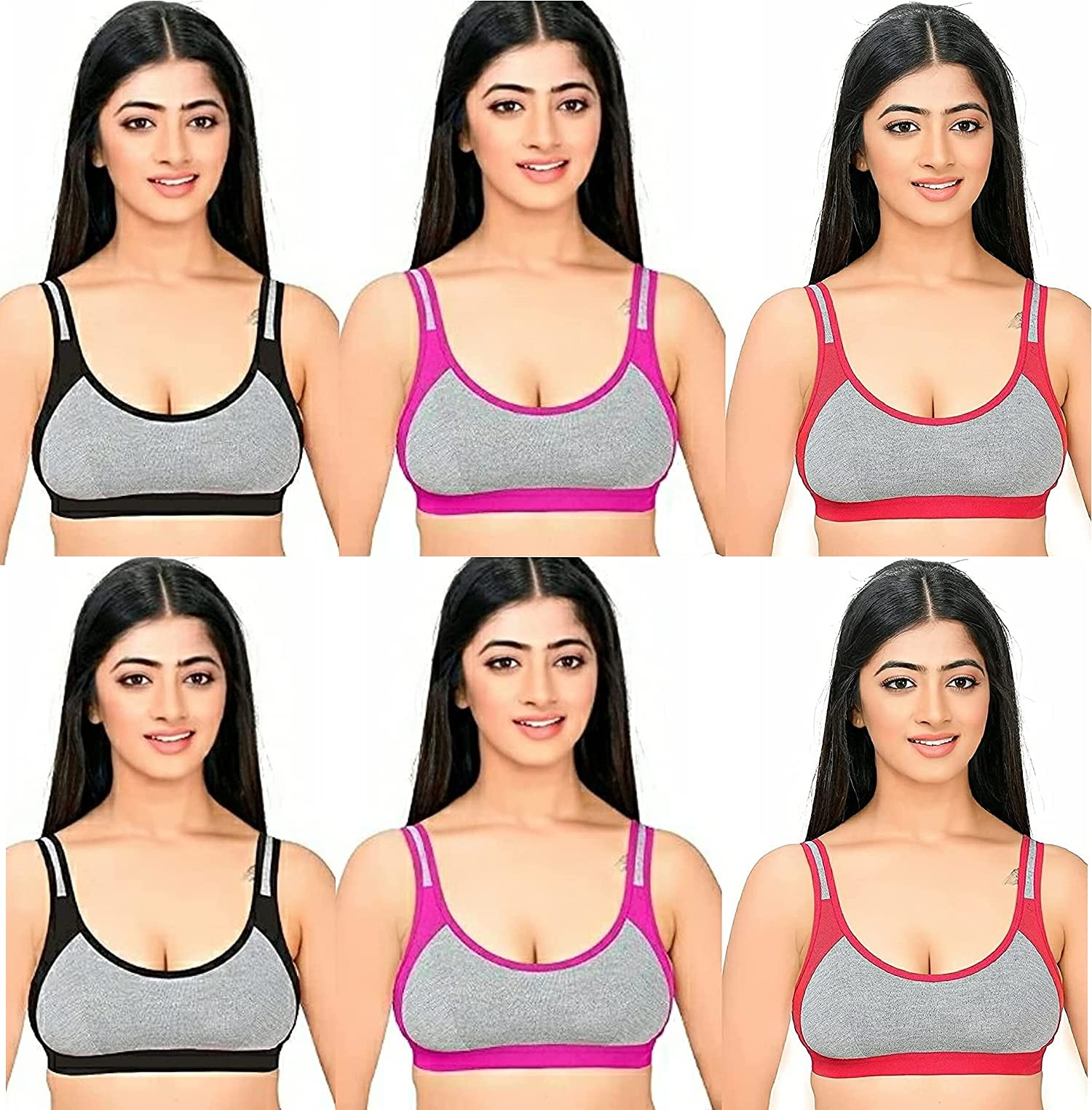 ZOXOWA Women Stylish Non-Padded Anti Sagging Breathable Non Wired Full Coverage Workout Yoga Sports Bra Ladies Lingerie - (Black/Red/Pink) Pack of 6-image-36