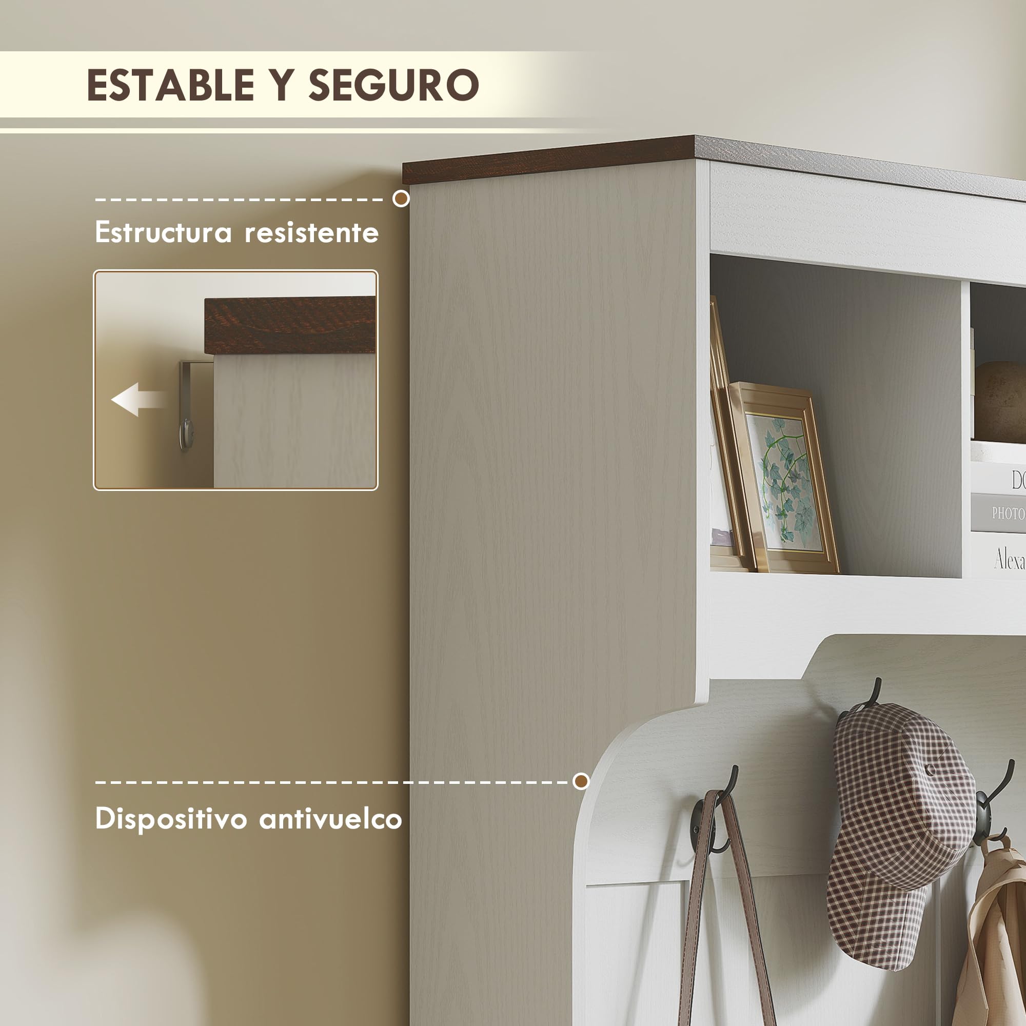 HOMCOM Perchero Zapatero Banco Zapatero 2 Puertas 105x40x180 cm Blanco | Perchero para Entrada Recibidor, 5 Ganchos, 3 Estantes Superiores, Estilo Rústico, para Salón Dormitorio Pasillo