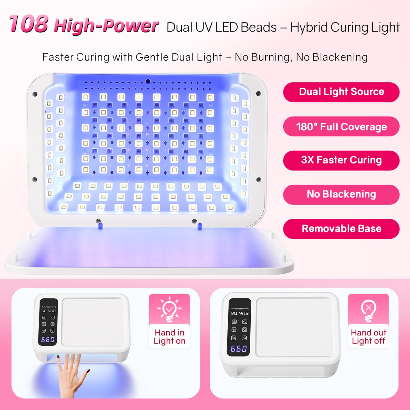 Lampa do paznokci UV LED do lakieru żelowego z 140 diodami LED, konstrukcja dwuręczna, pielęgnacja skóry, czujnik automatyczny, wyświetlacz LCD, 4 timery, profesjonalna szybka suszarka do paznokci i