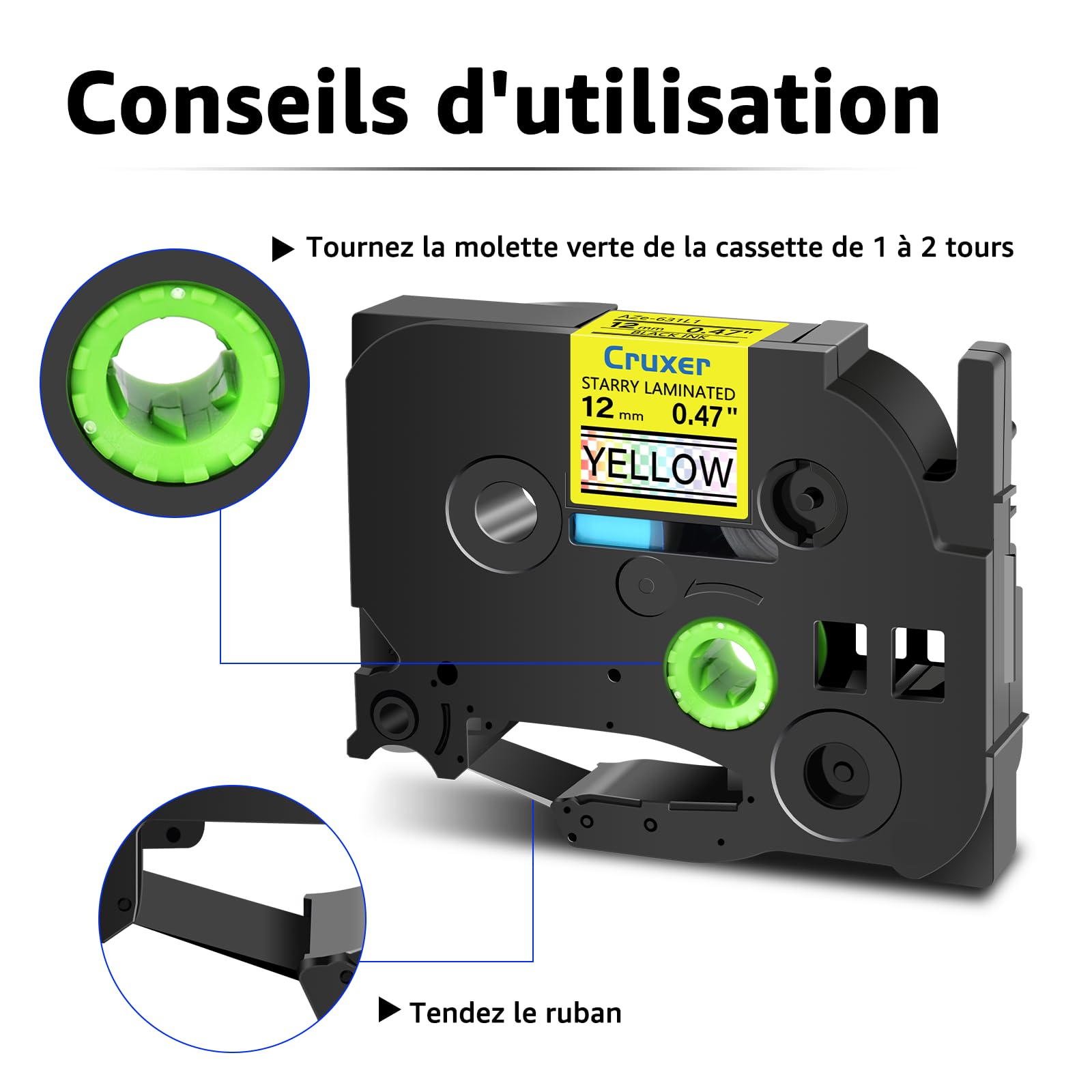 Cruxer Lot de 50 Ruban compatible P-touch TZe-631L1 Noir sur Jaune 12 mm