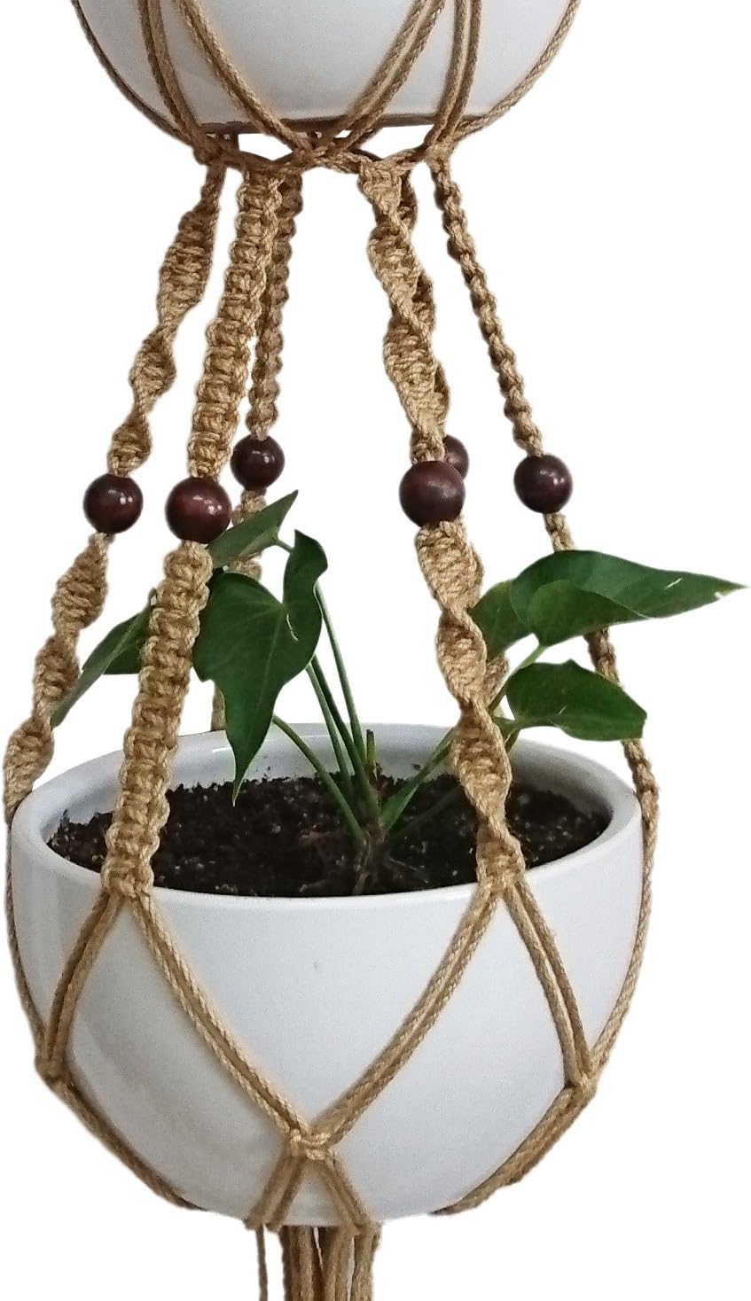 6 Legs Macrame Plant Hanger Natural Hemp Rope Plant Hangers with 12 pcs Round Wood Bead, 65-inches Length for 10" Pot (Without White Pot and Plant) (Brown)