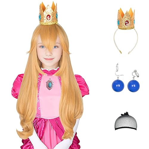 Miss U Hair - Peluca de princesa para niños, peluca larga ondulada dorada con corona y aretes, peluca de fiesta de cosplay