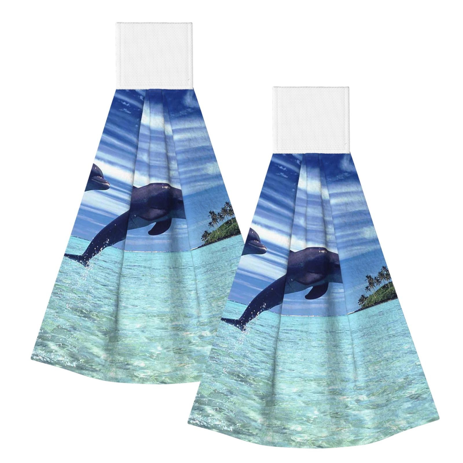 DOPKLNA Jumping Whales, 2 Pcs Hanging Coral Fiber Hand Towels for Bathroom, Absorbent Kitchen Towels