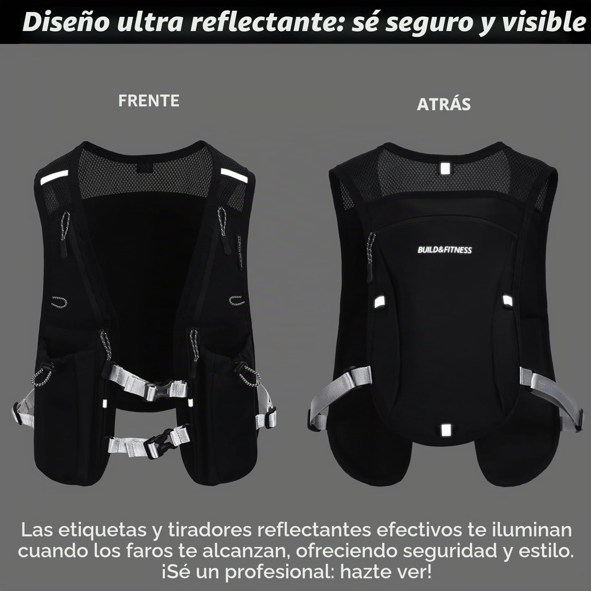 Chaleco de hidratación para Correr para Mujeres y Hombres. Reflectante, 7 Bolsillos, Secado rápido, Resistente al Agua, Mochila Ajustable para Correr