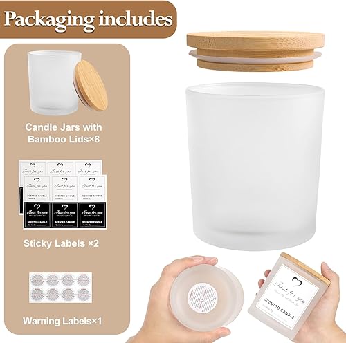 Miniatura 3 de CONNOO Paquete de 8 frascos de vela de vidrio esmerilado de 14 onzas con tapas de bambú para hacer velas, frascos de vela vacíos de gran