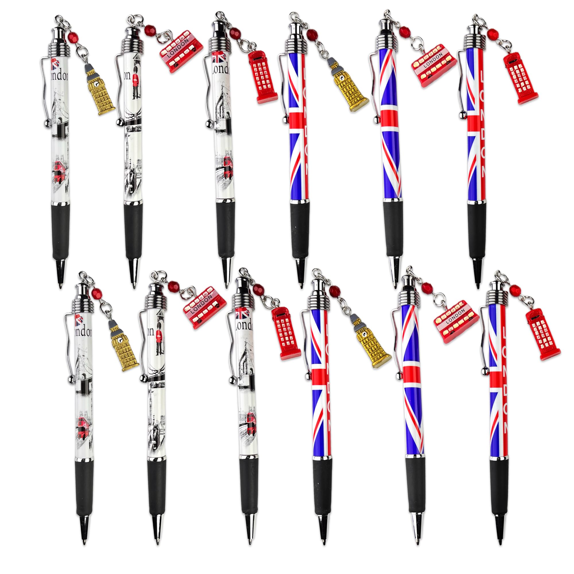 SAJAK 12x London Souvenir Pens with Charms - Big Ben, Red Bus & Telephone Box, Multicoloured, 1 count (Pack of 12)
