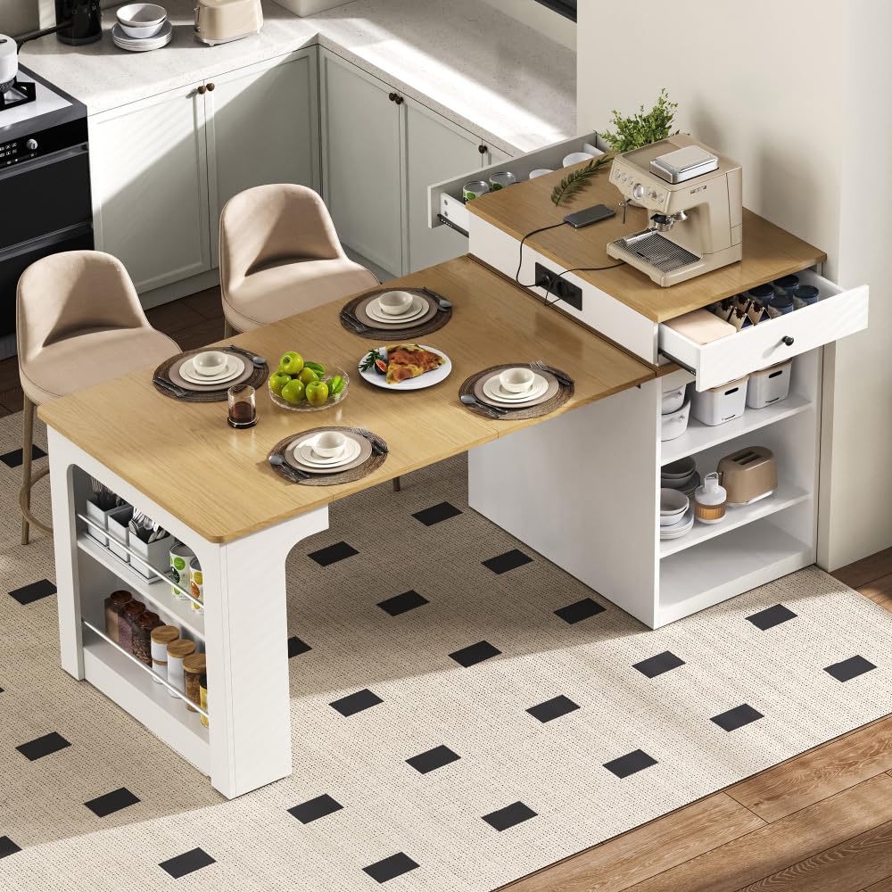 mobile Isola da cucina 71(151) x80x92 cm,tavolo da pranzo estensibile con piano rimovibile,tavolo da bar con presa multipla, isola cucina su ruote per sala da pranzo(A-Bianco+Naturale)