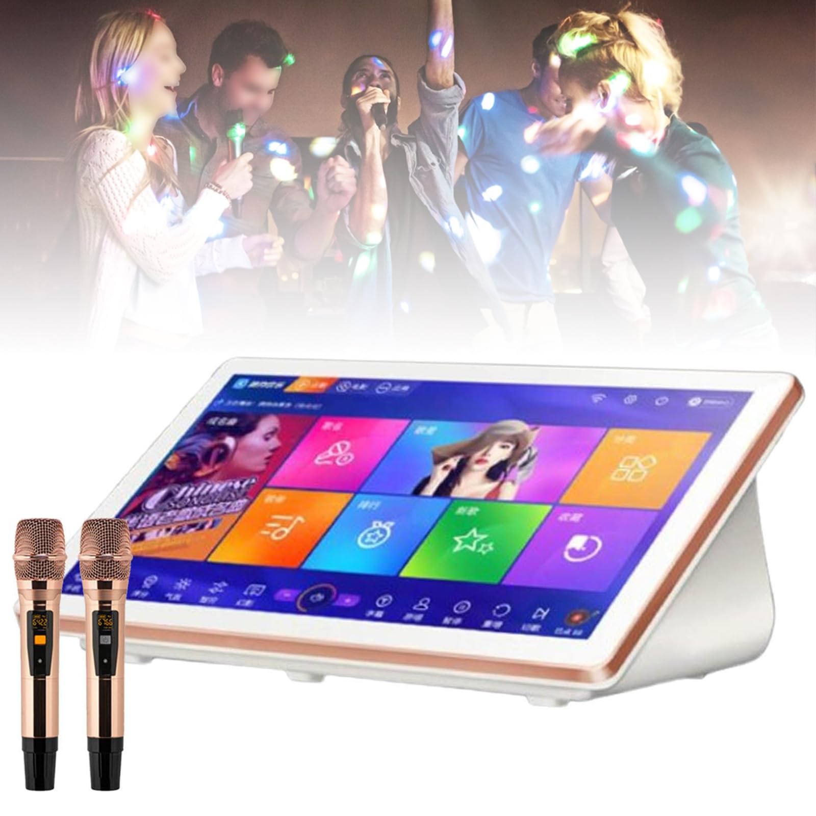 Macchina per Karaoke da 18,5 Pollici, Lettore Karaoke 4K, 2 microfoni Wireless + Telecomando per Telefono + Supporto per 22 Lingue,2T