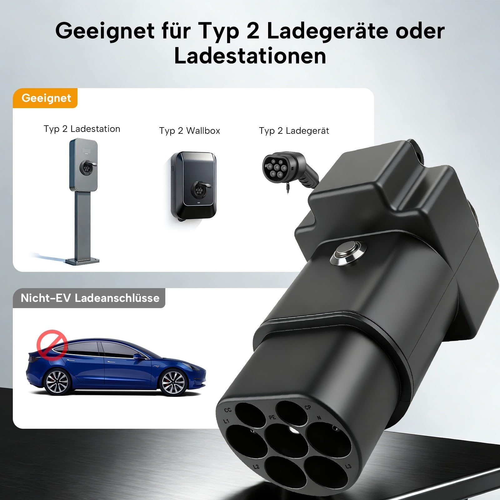 Typ2 auf Schuko Adapter,16A,Ladegerät oder Typ2 Ladestation Adapter | Typ2 auf Schuko Stecker mit Druckschalter für Elektrische Motorräder, E-Scooter und E-Bikes, 3,5 kW, NOT V2L