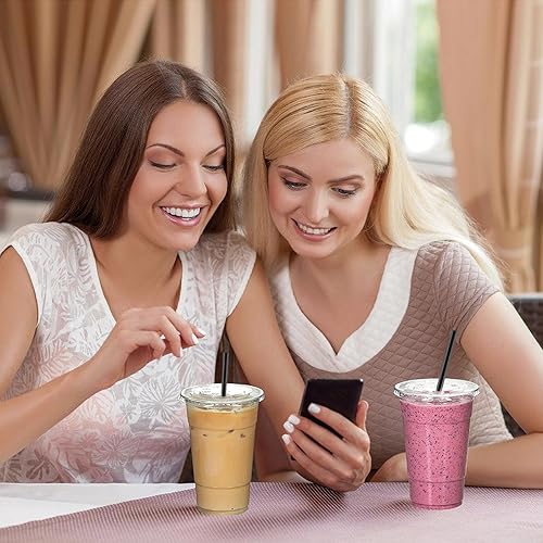Miniatura 5 de 200 juegos de vasos de plástico de 12 onzas con tapas y pajitas, vasos desechables para café helado, batido, bebidas frías, transparente